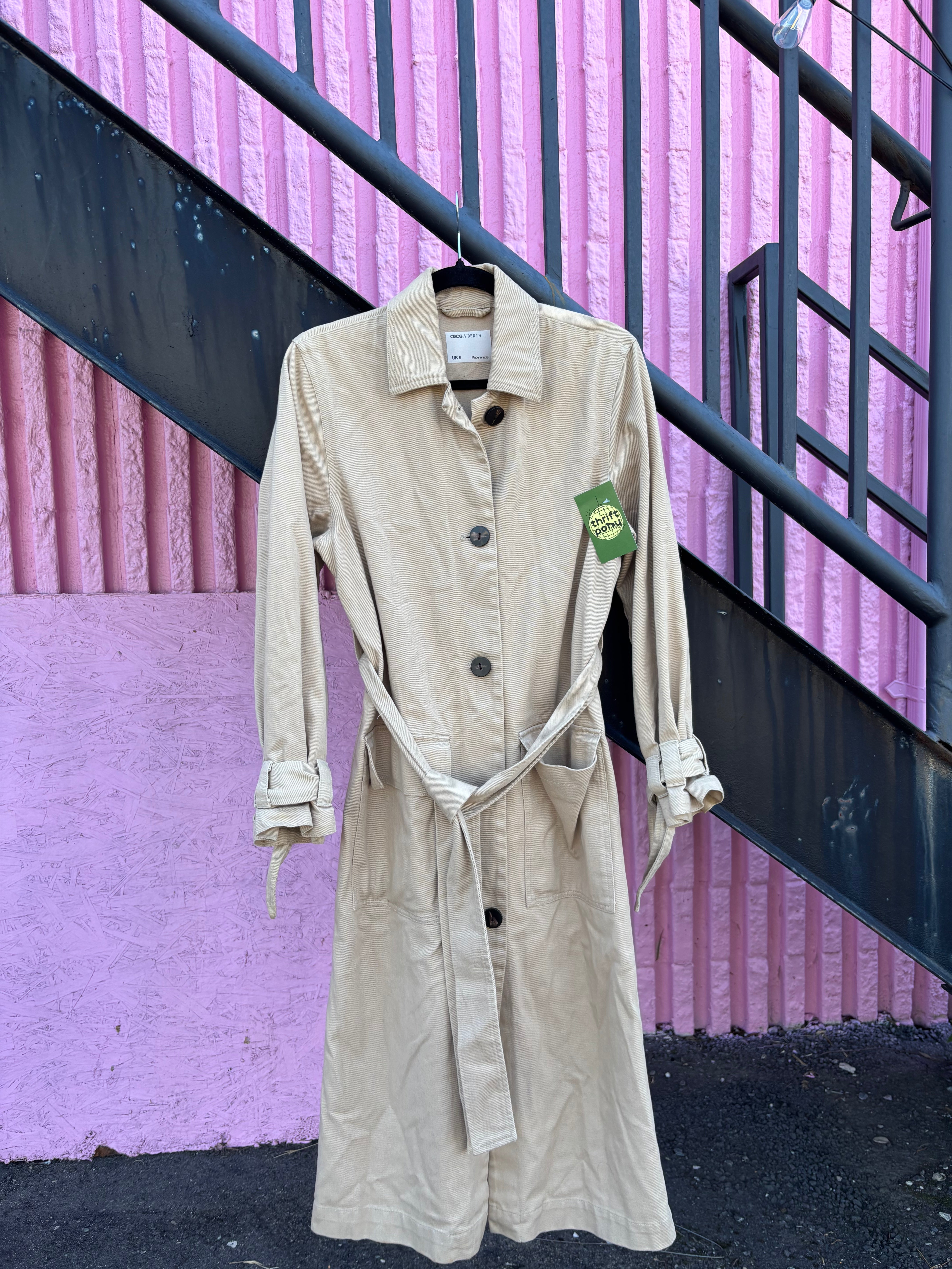 Tan Asos Long button trench coat, Uk6