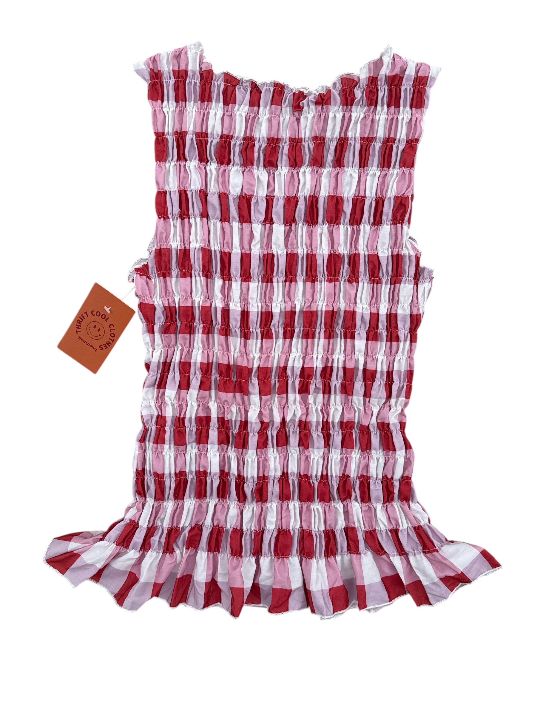 pink white red waffle scrunched high neck top, m