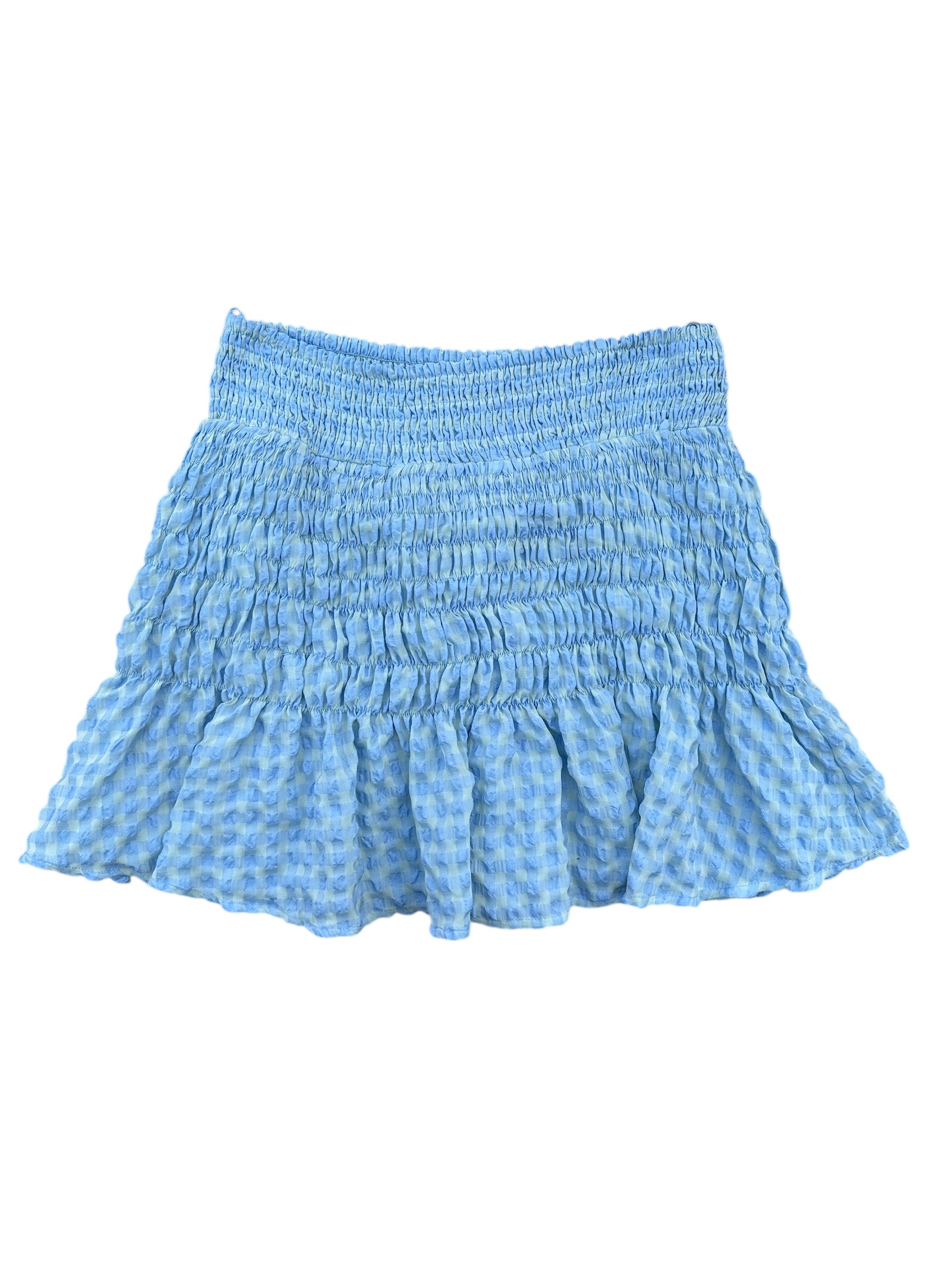 blue green gpd gingham ruched mini skirt, m