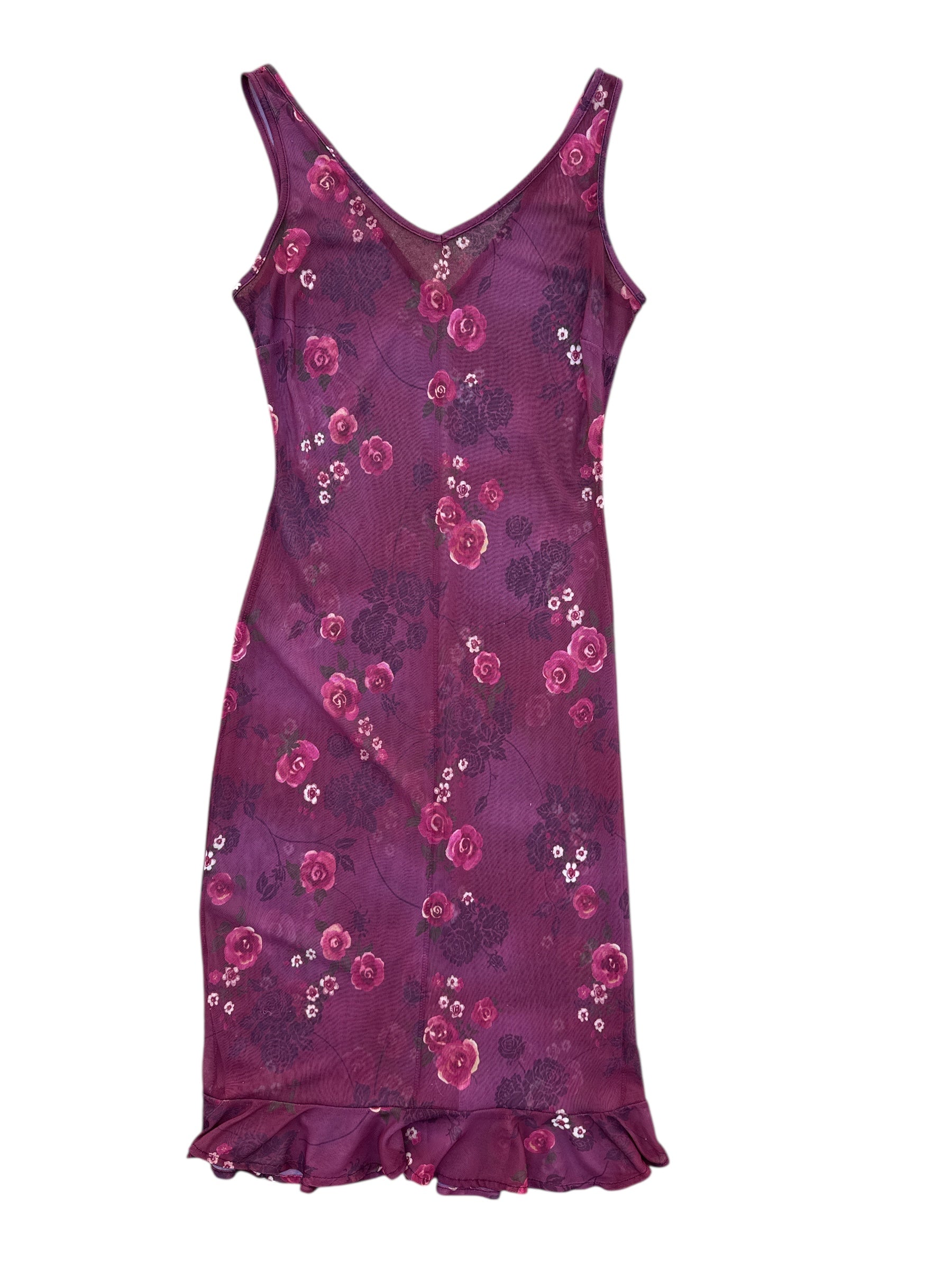 maroon mesh sheer/see through floral print ruffle dress, s