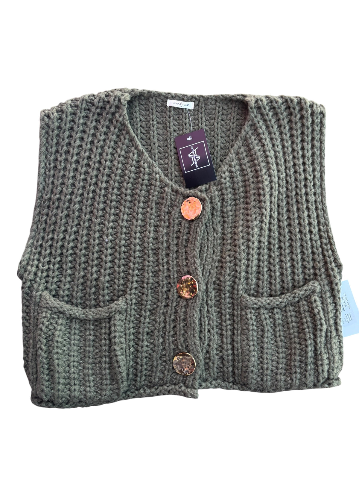 green SundayUp knit vest w big gold buckles, m