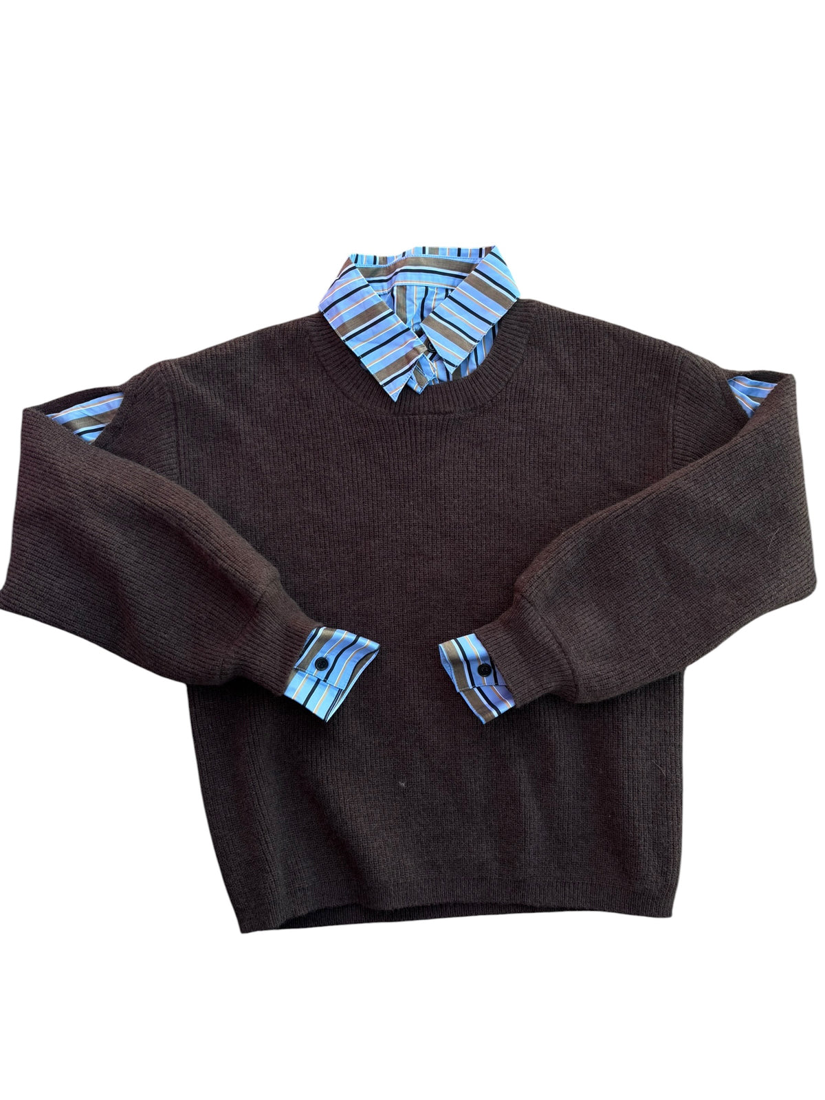 brown blue commense built in button up sweater, s