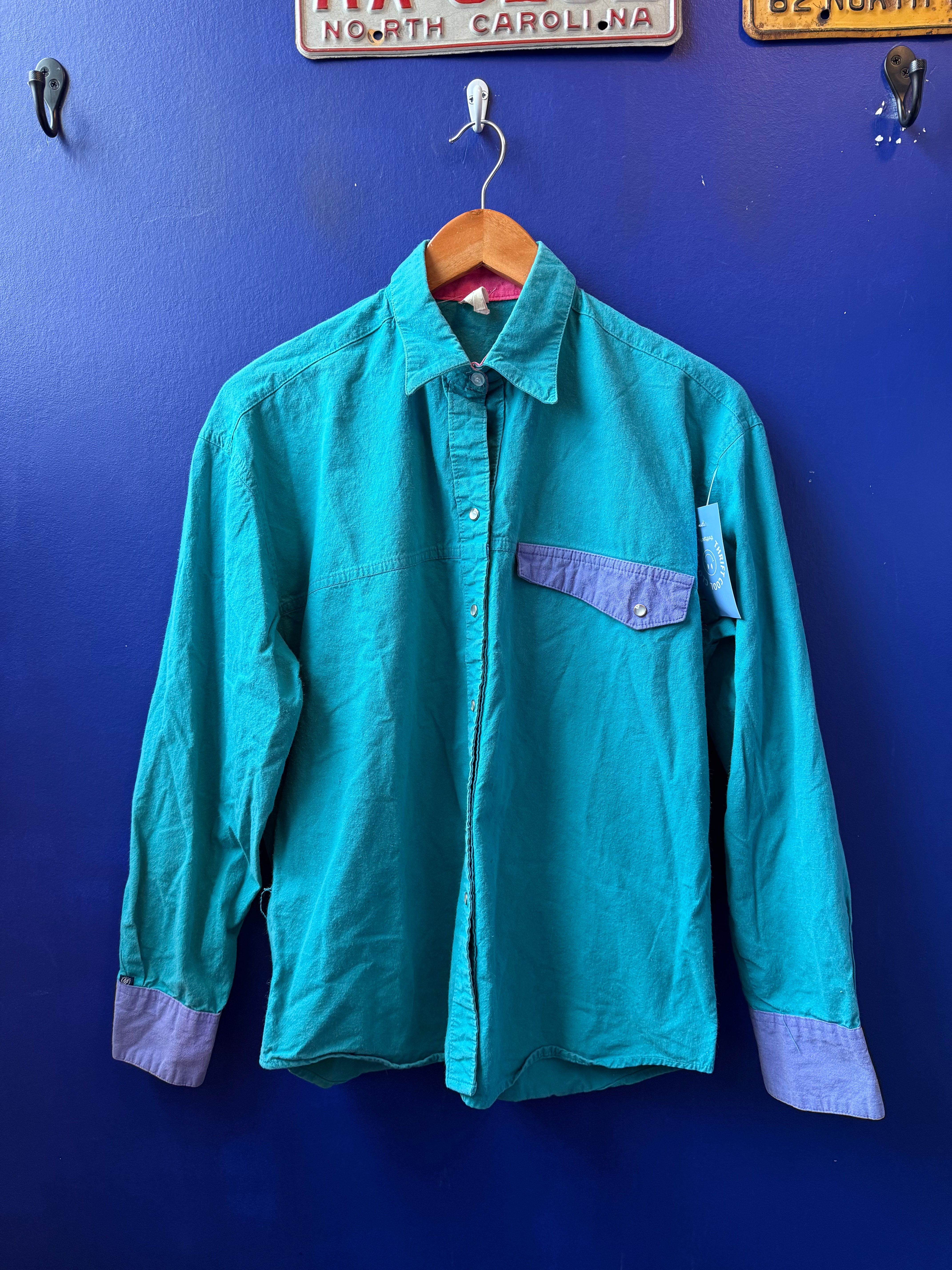 Teal pink purple Vtg snap button up, M