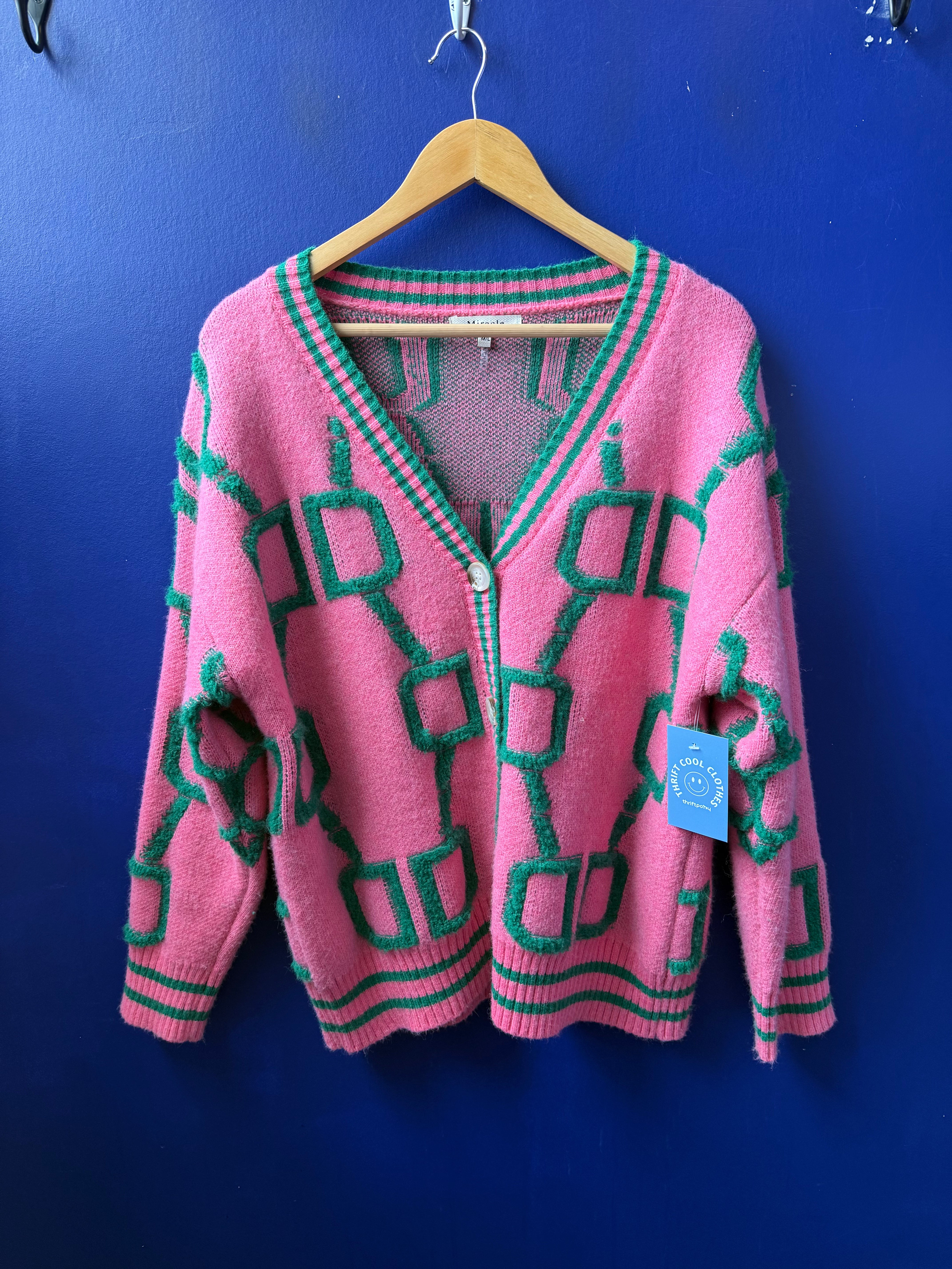 pink green miracle geometric cardigan, m/l