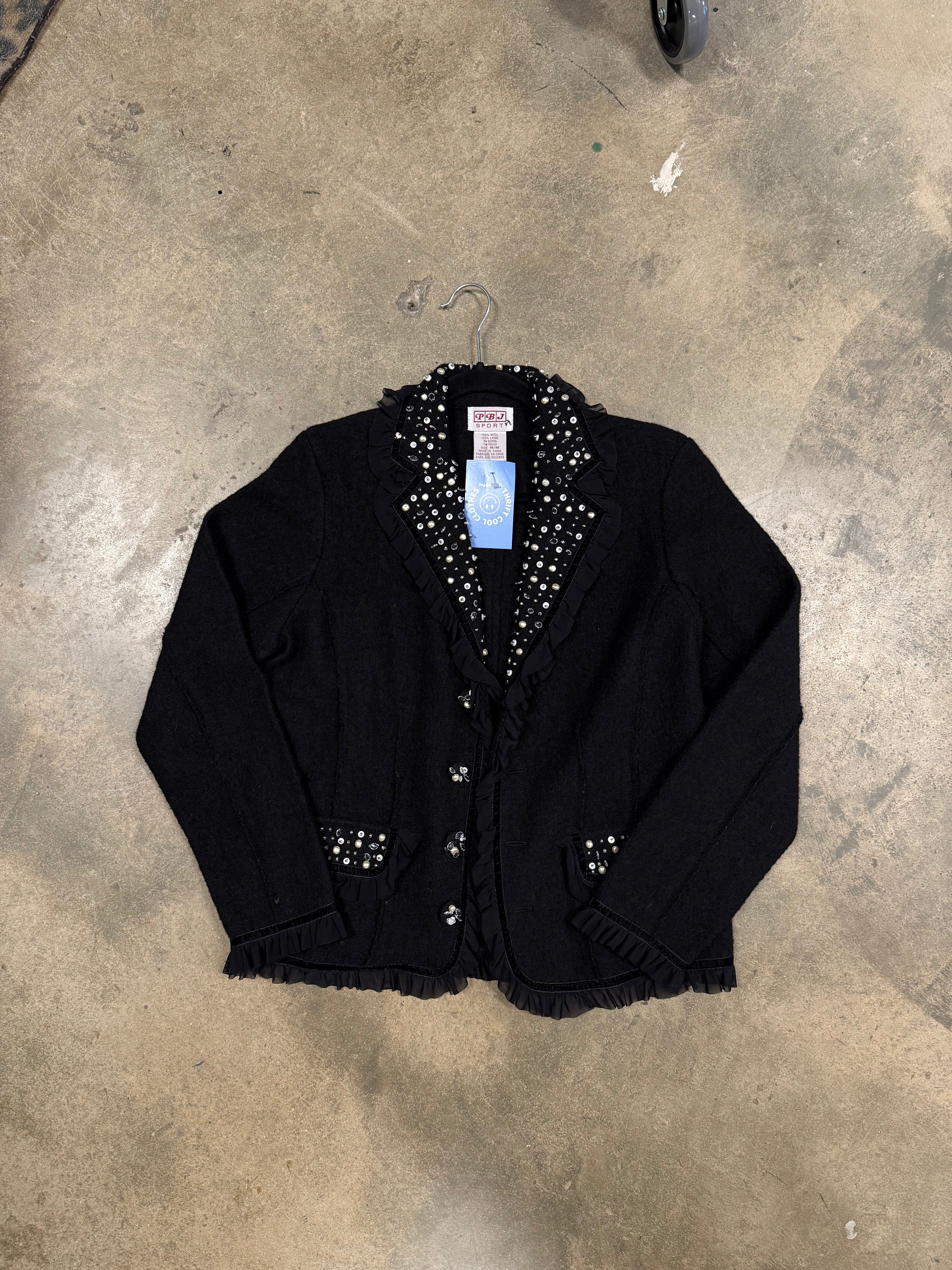 black pbj sport lace ruffle embellished blazer, m