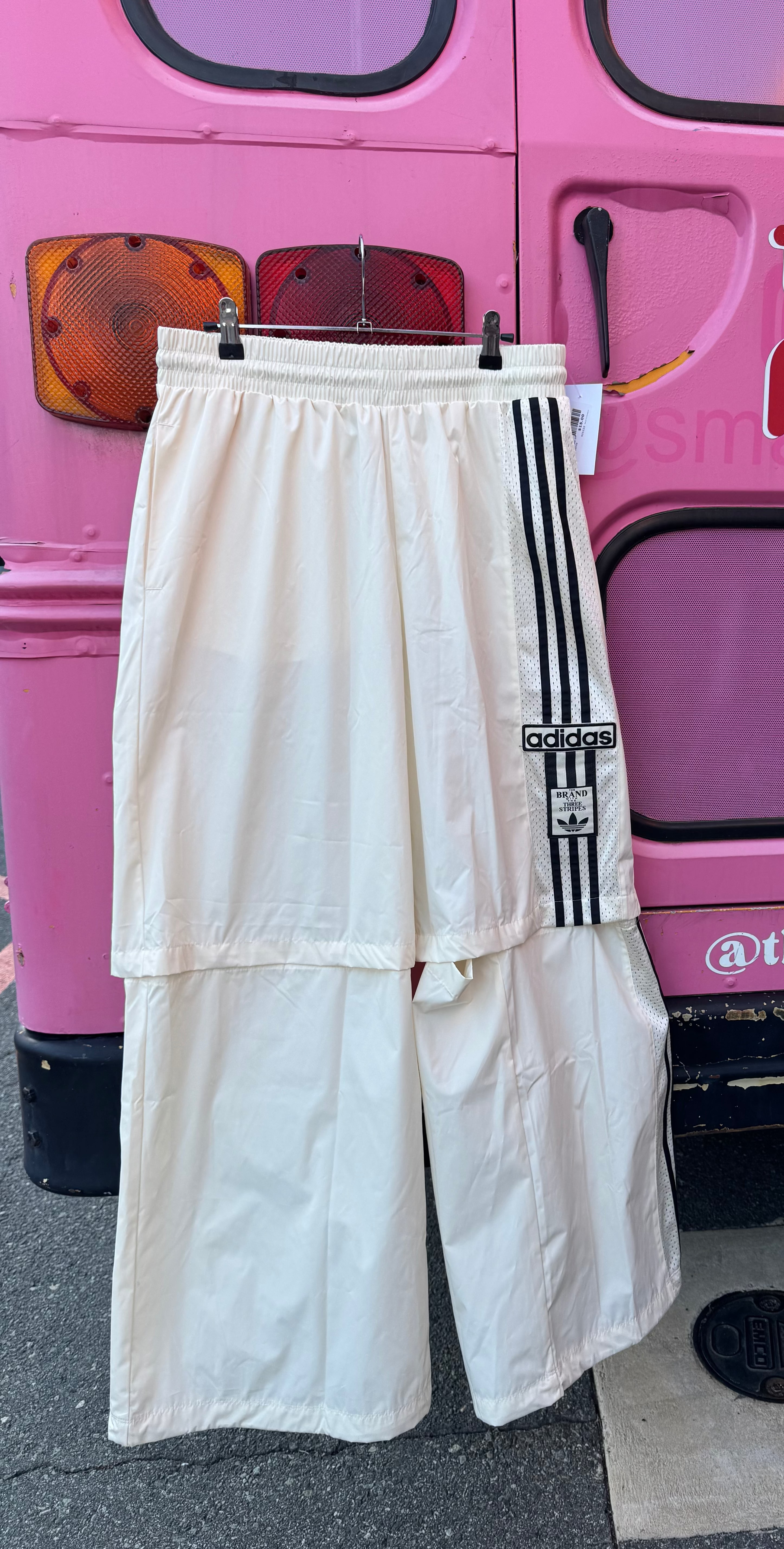 cream adidas swishy snap off pants, L