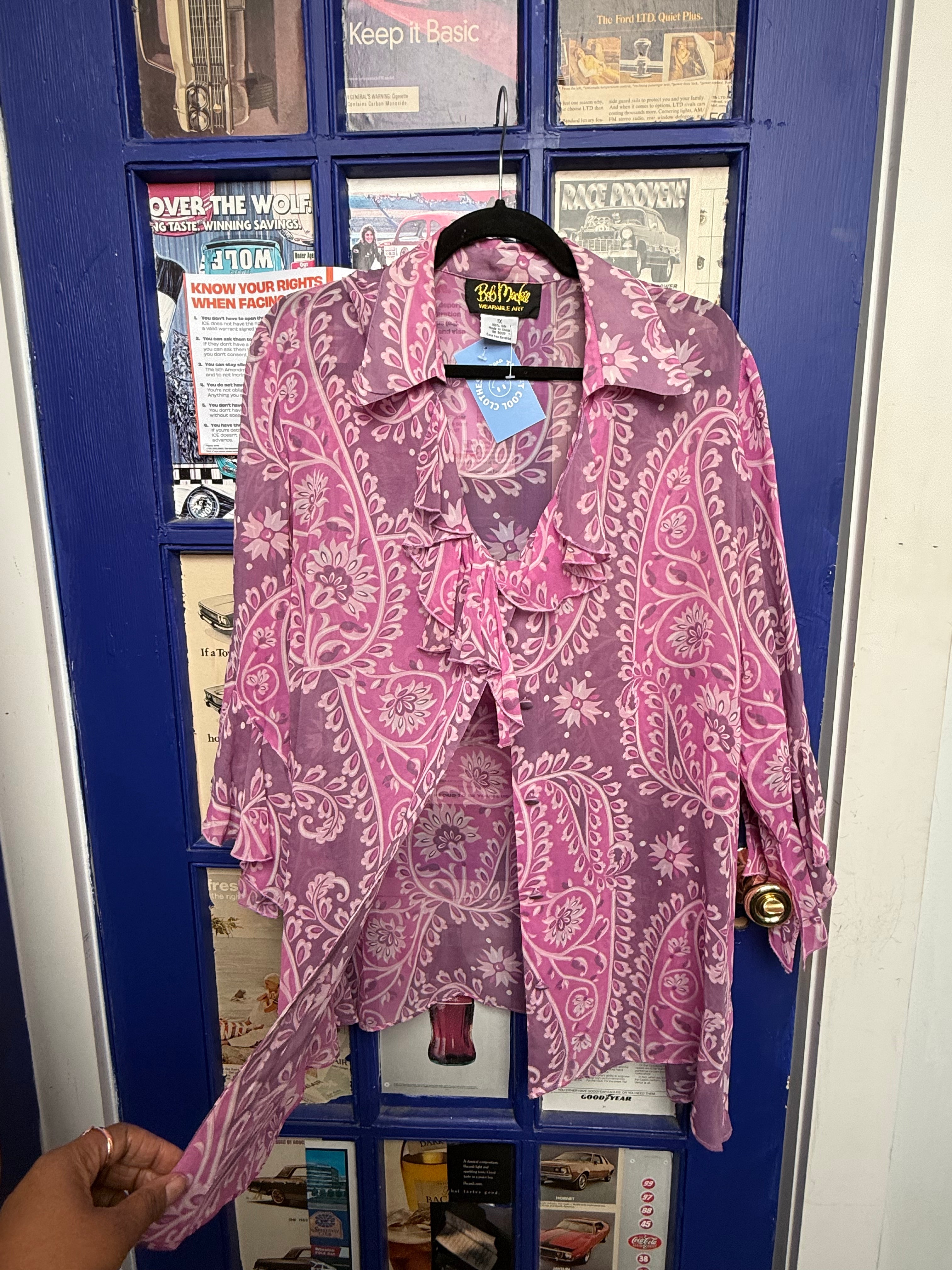 pink purple bob mackie sheer ruffle floral ls blouse, 1x
