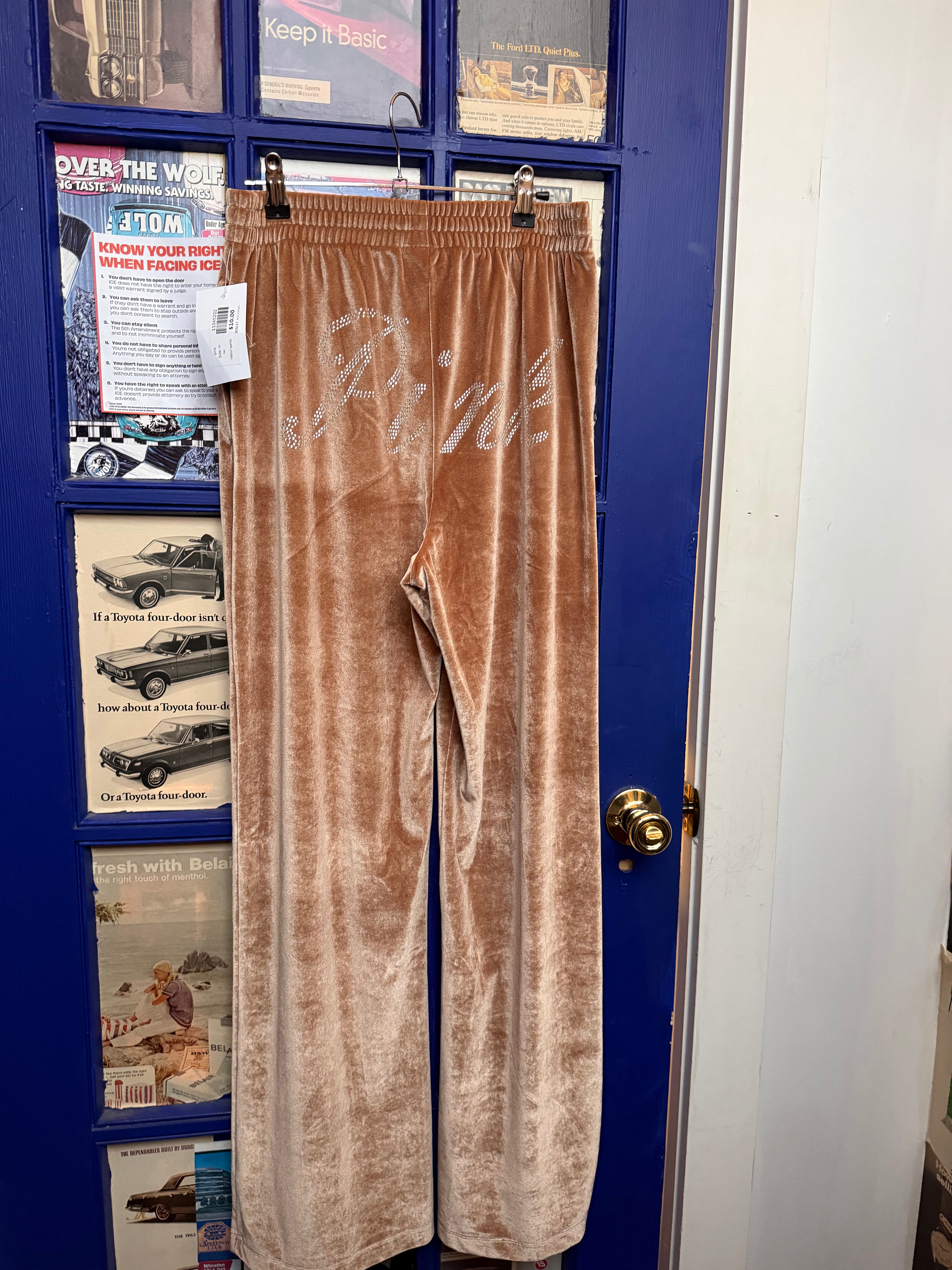 tan pink velour pants, m