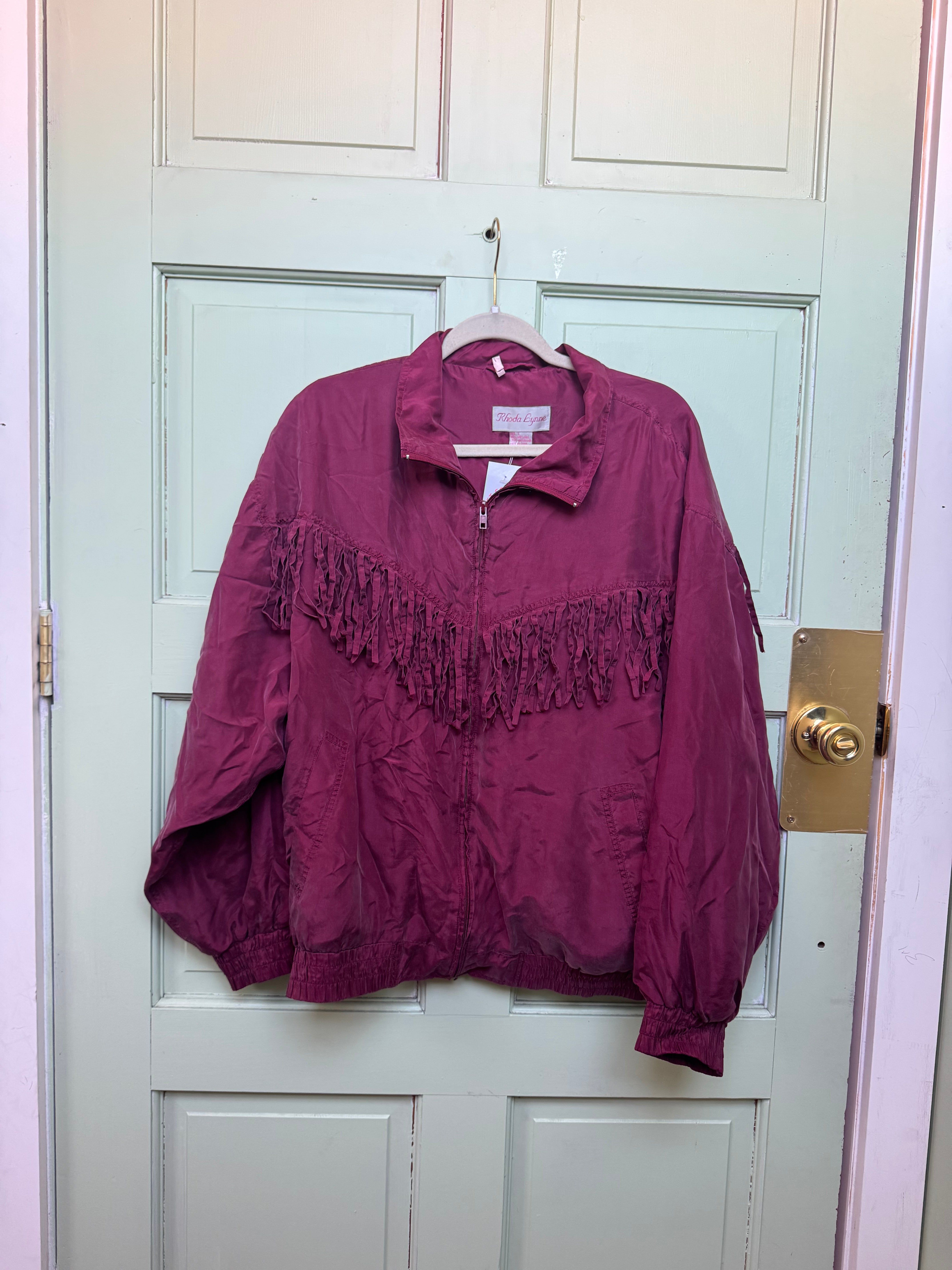 red rhoda lynne 100% silk fringe zip jacket, L