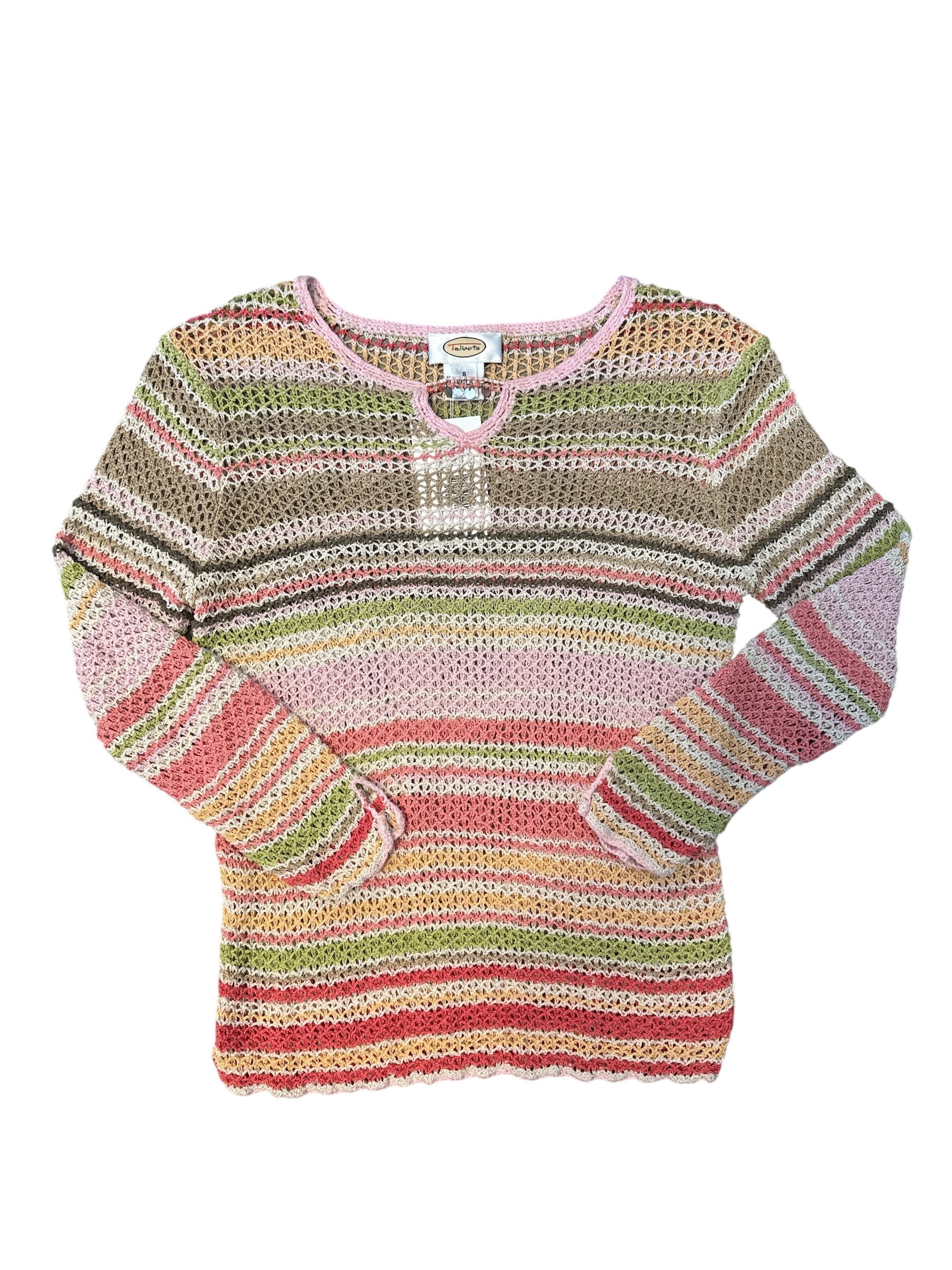 Green peach Talbots Striped Crochet key hole sweater, S
