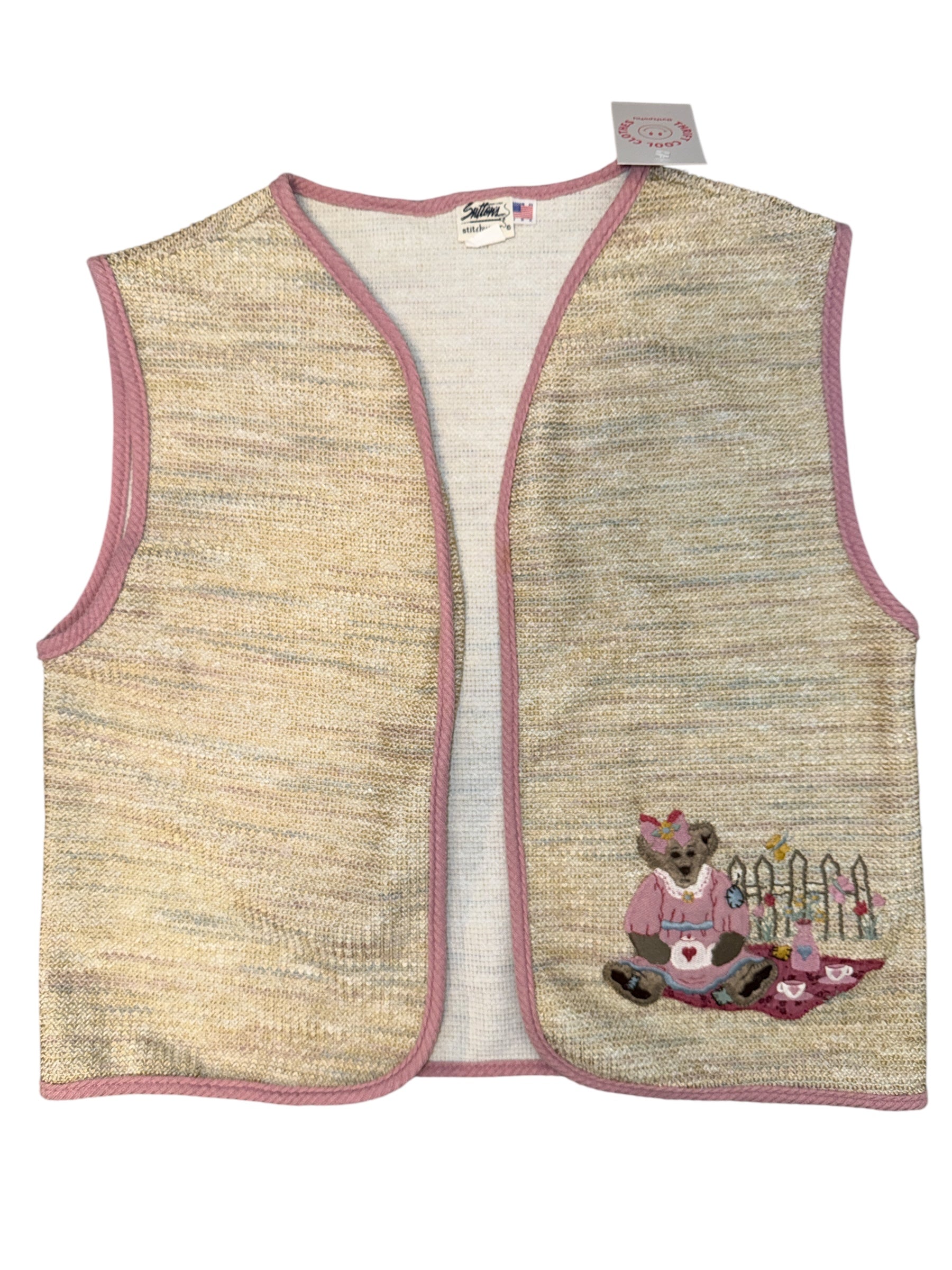 Oatmeal pink Sutton’s stichwear Vtg sweetie bear vest, L