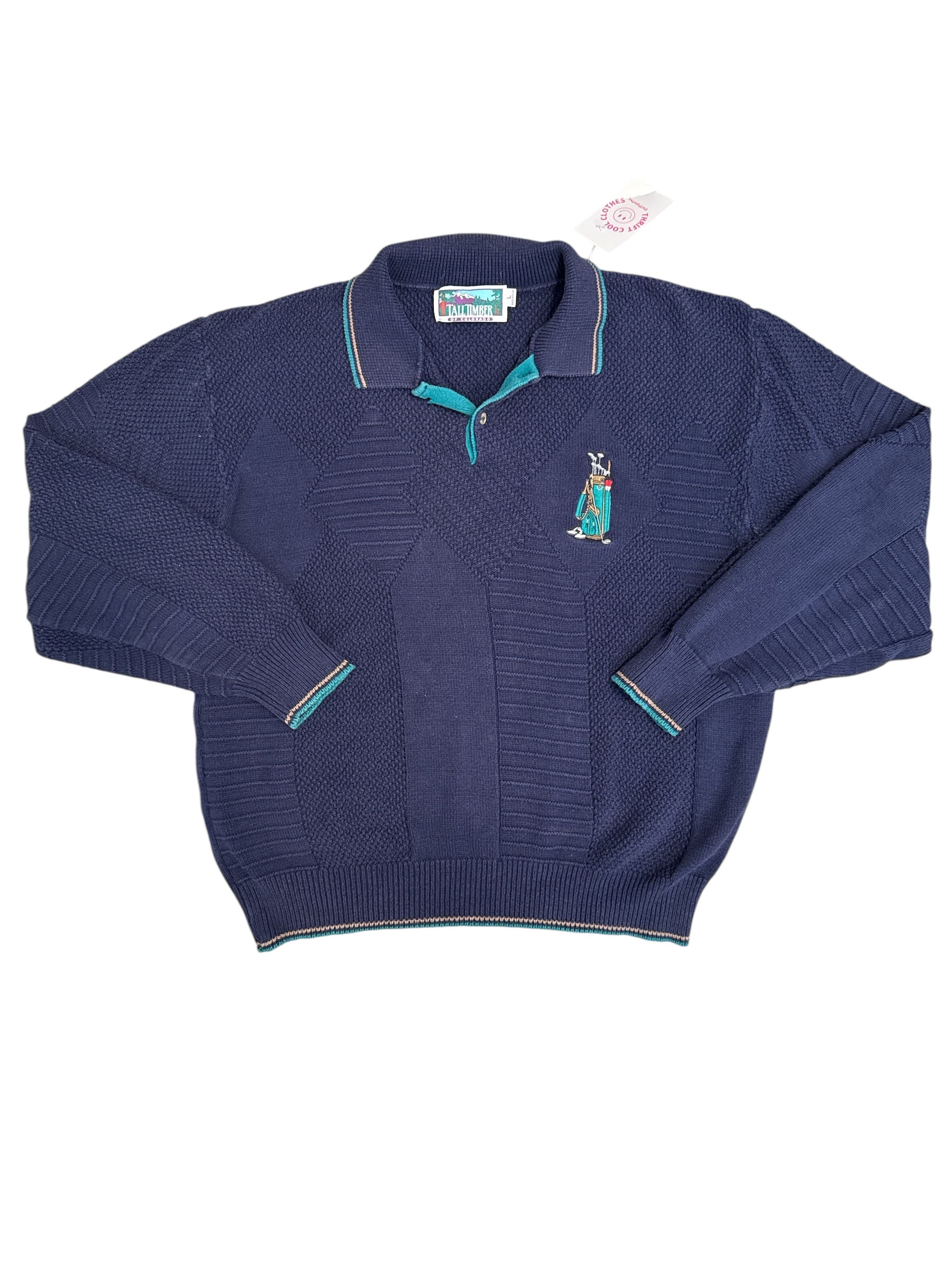 navy tall timber cable knit quarter button, L