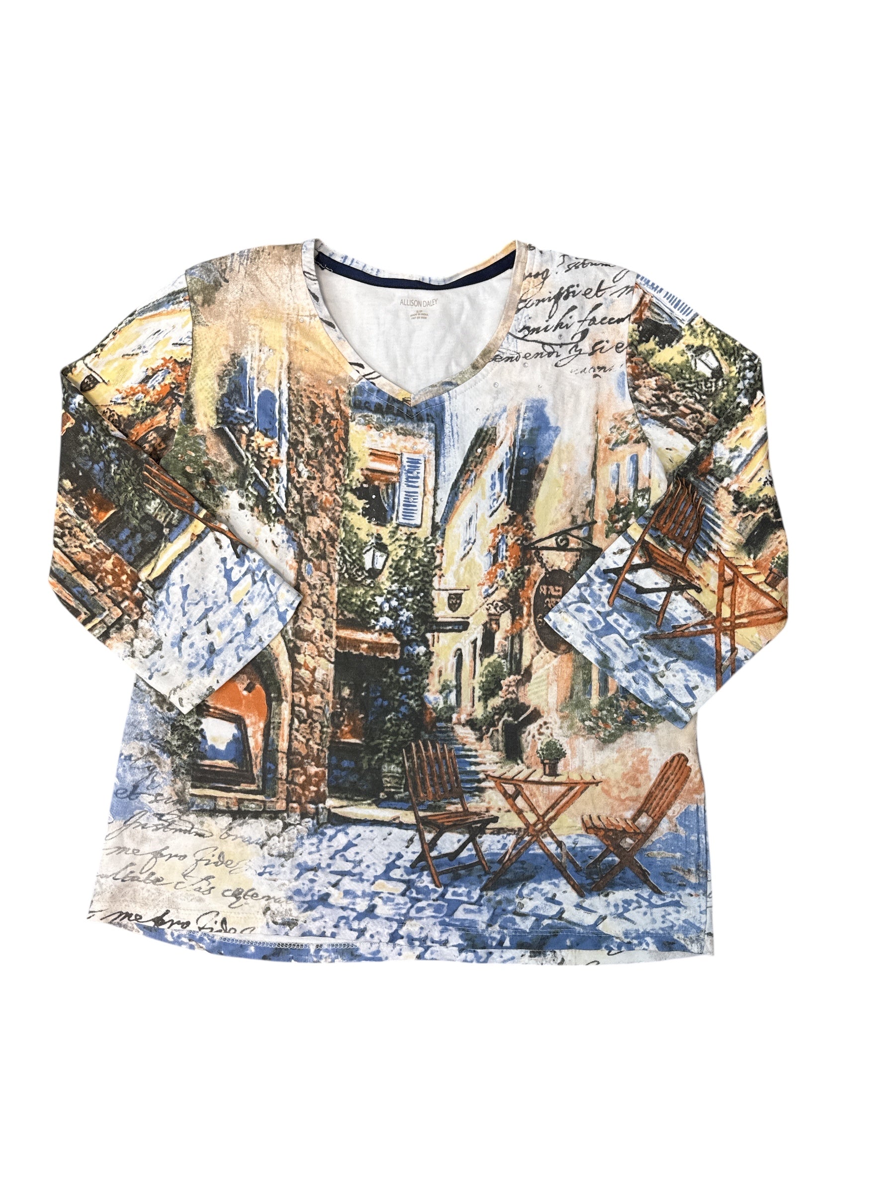 blue white cream multi allison daley graphic quarter sleeve top, s