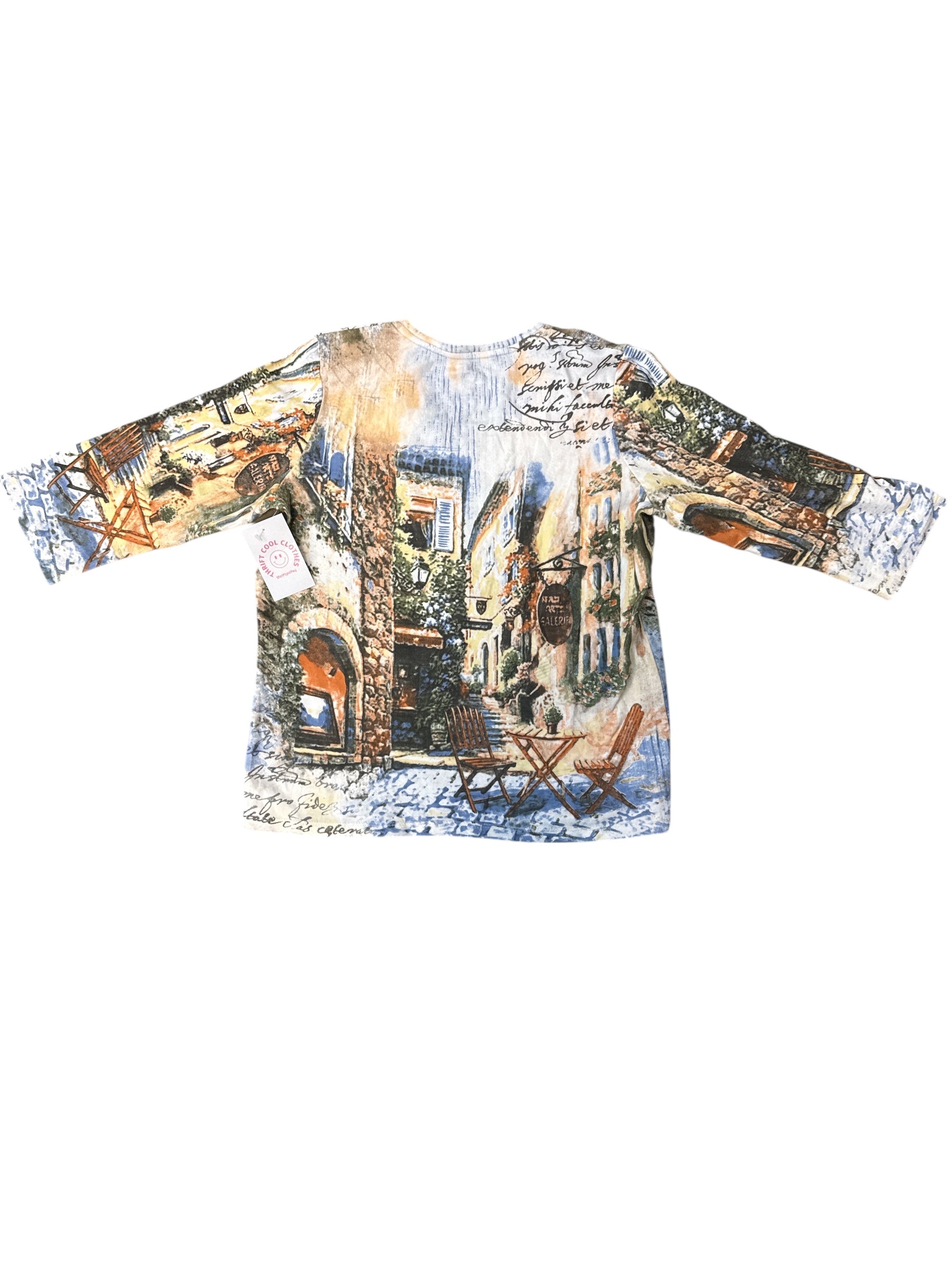 blue white cream multi allison daley graphic quarter sleeve top, s