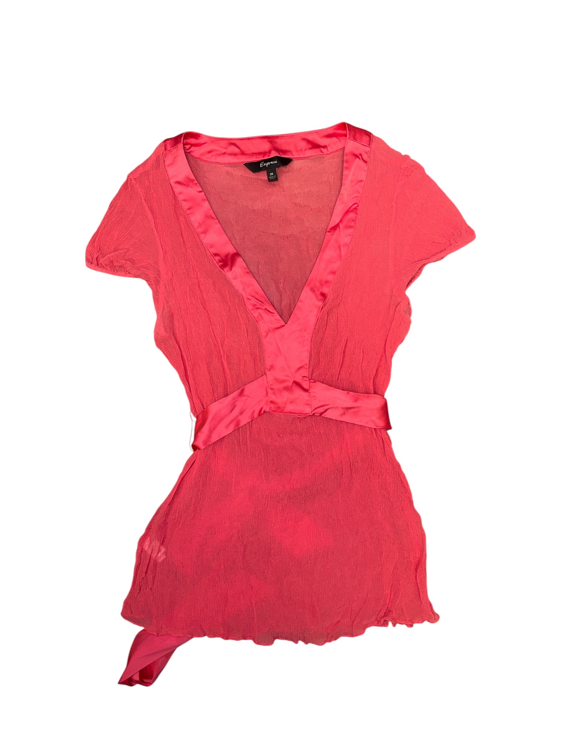 Pink Express Sheer v neck tie back top, M