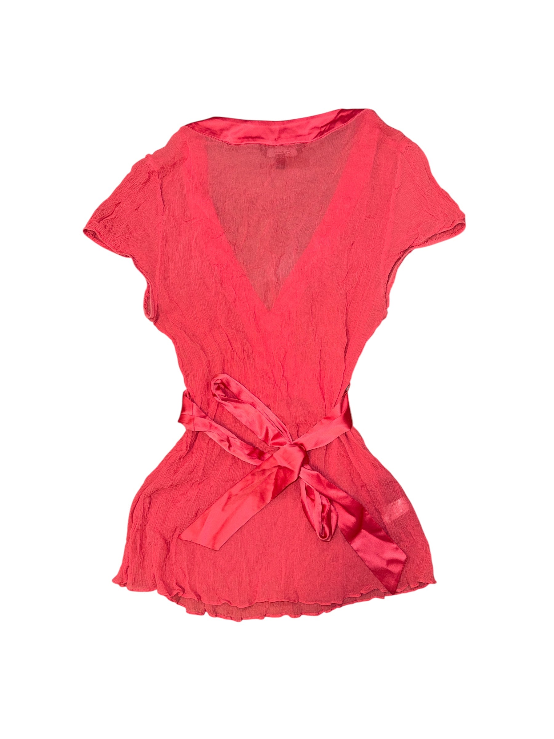 Pink Express Sheer v neck tie back top, M