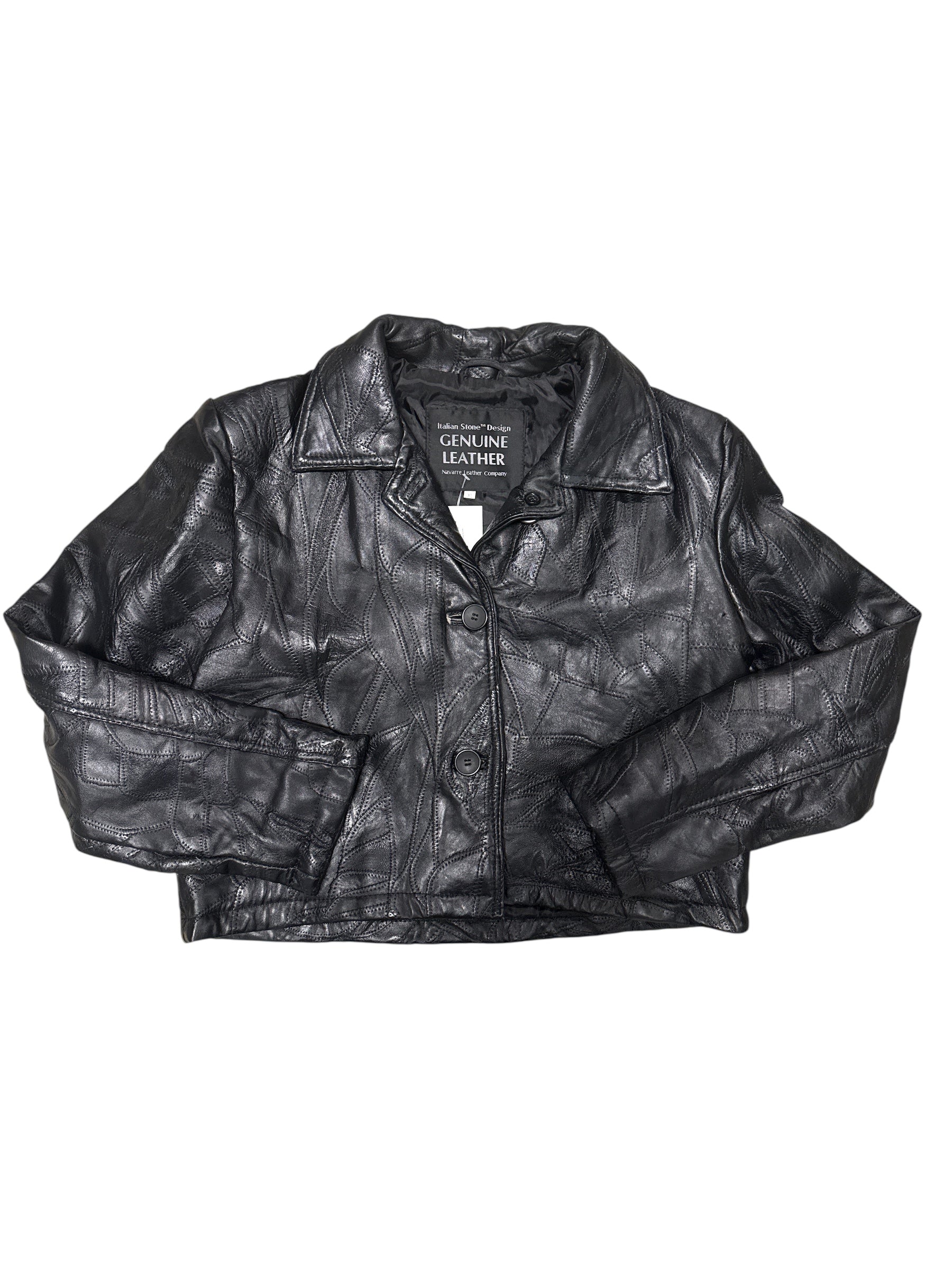 black navarre leather company cropped embroidered leather jacket, xl