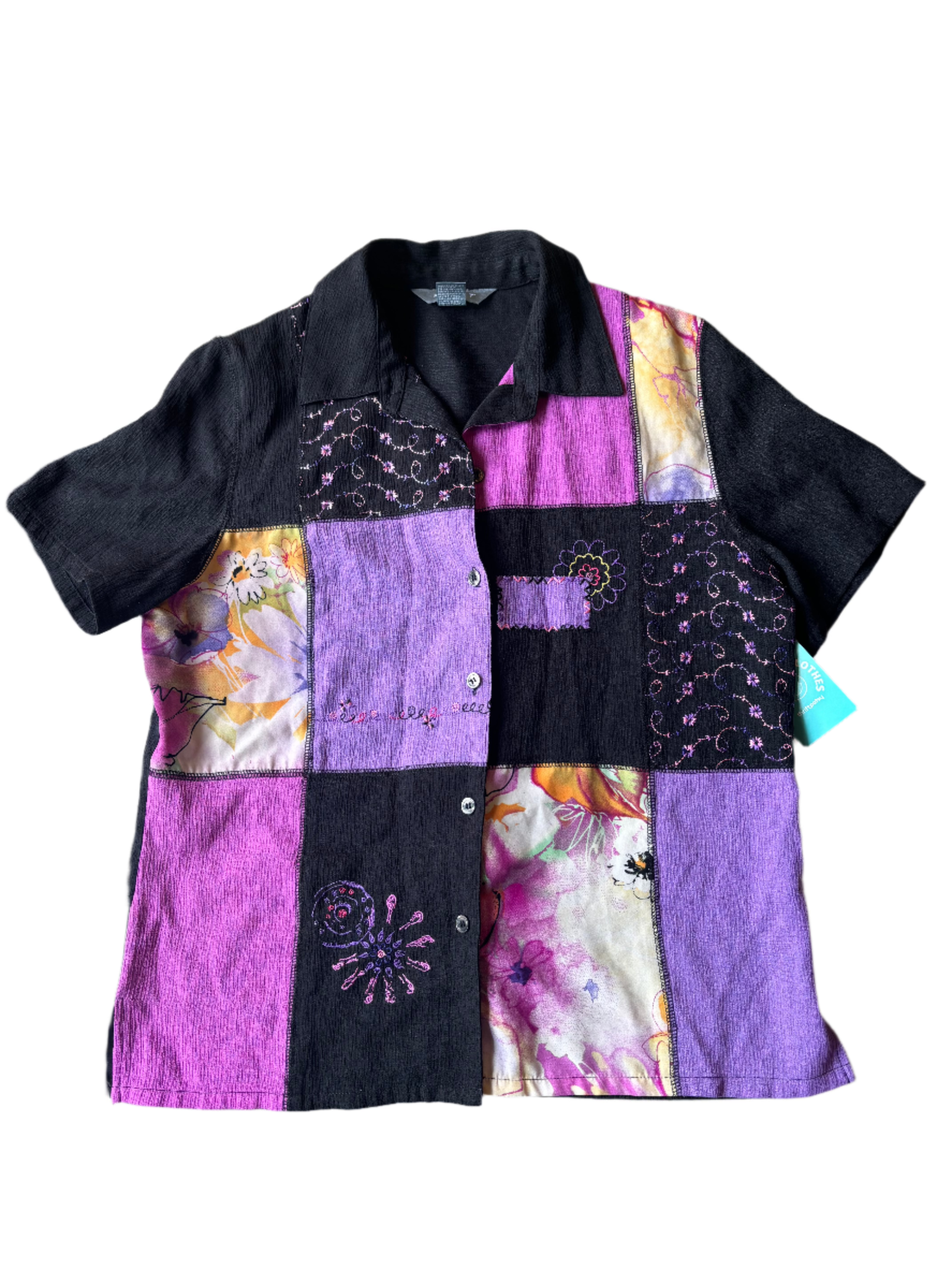 black purple koret patchwork floral button down, m