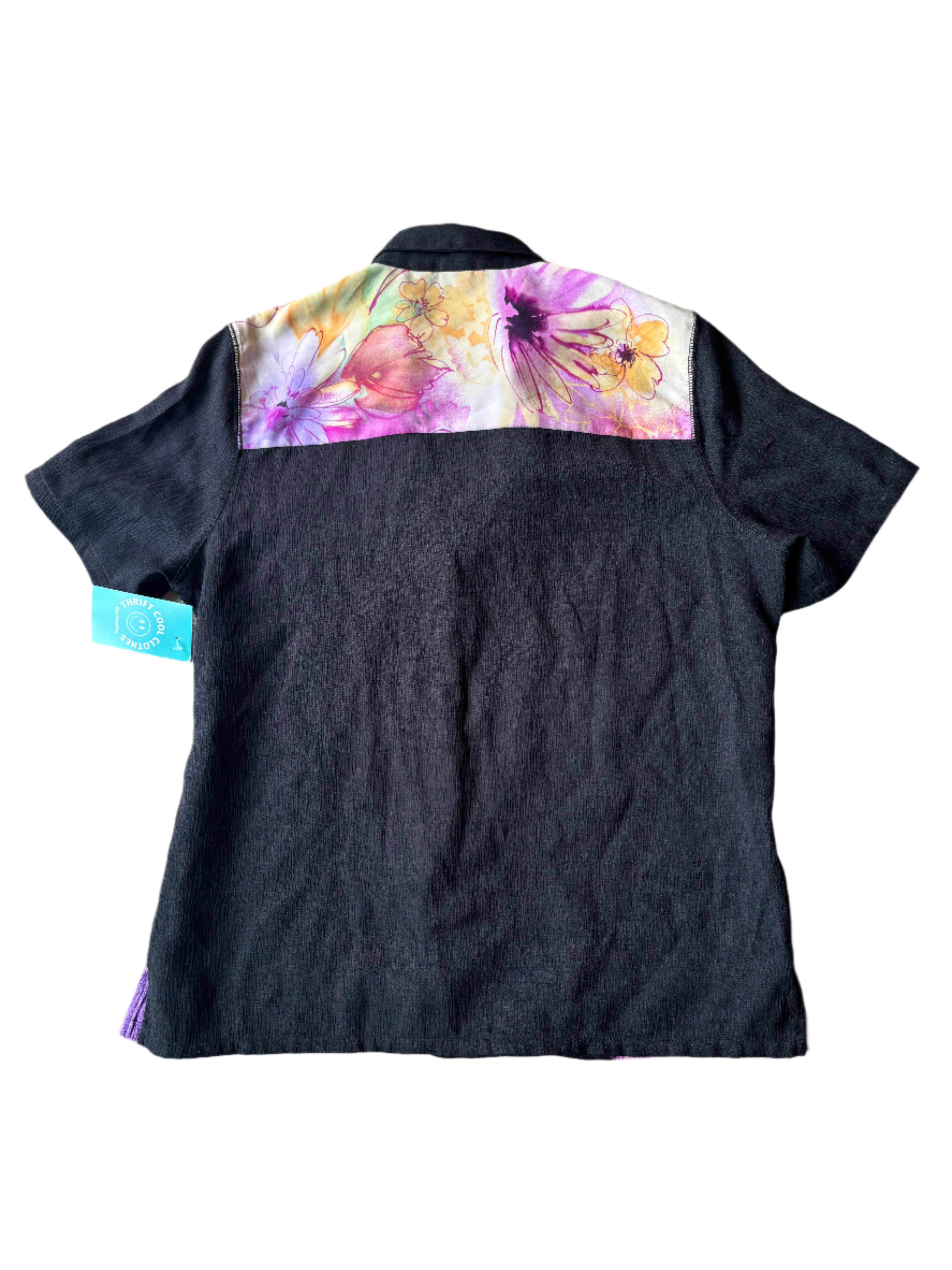 black purple koret patchwork floral button down, m