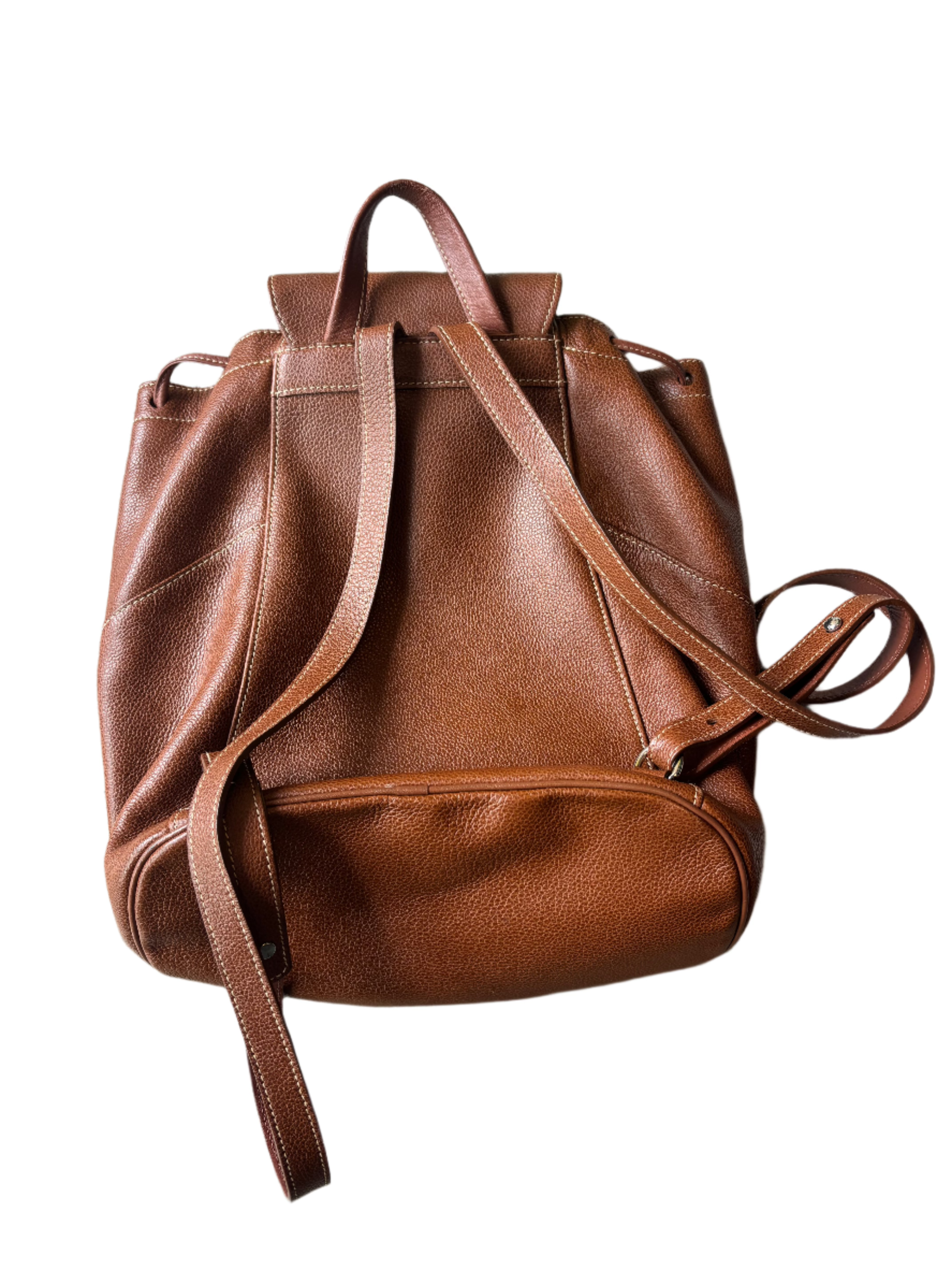 brown long champ leather backpack