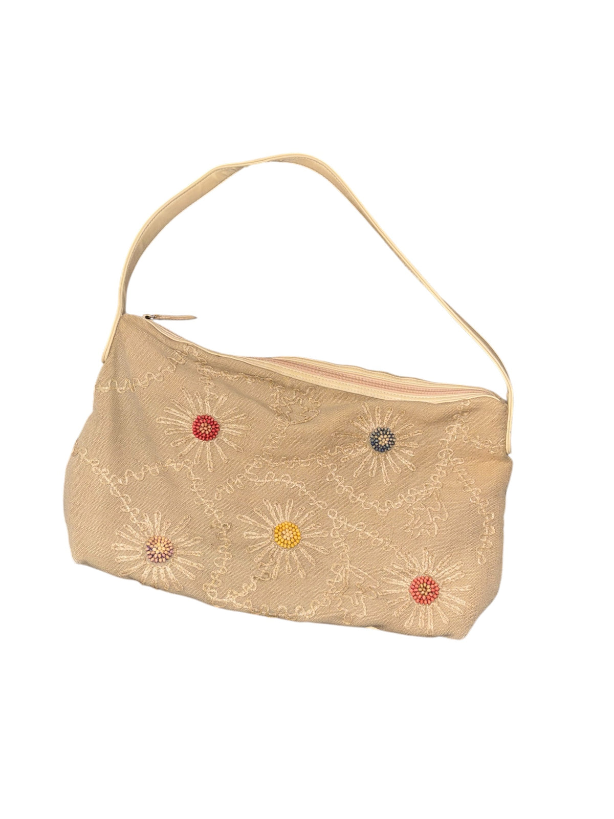 tan beaded flower handbag