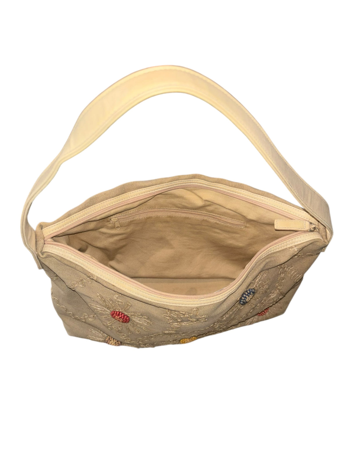 tan beaded flower handbag