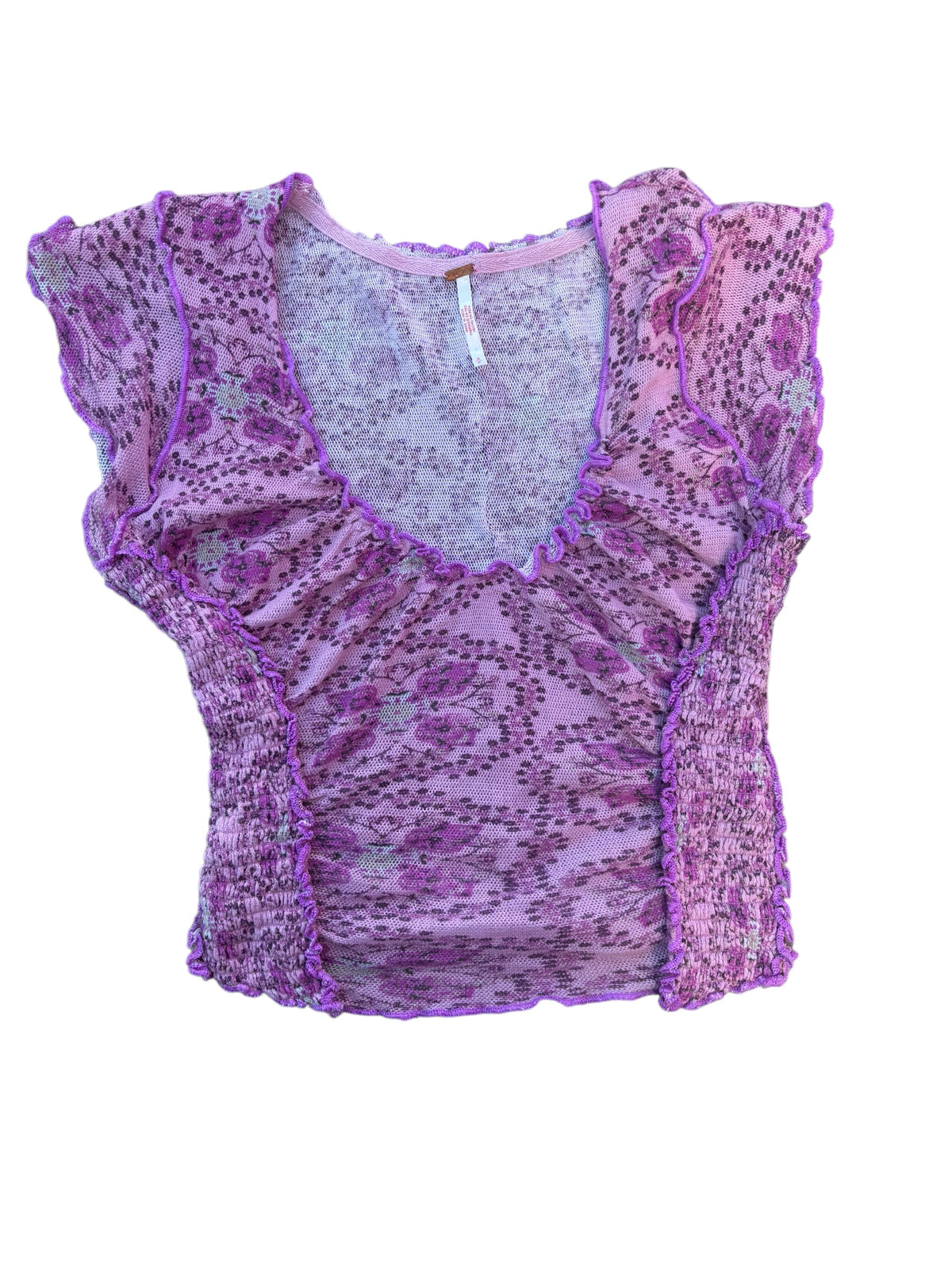 purple pink free people floral lettuce trim ruched ss, s