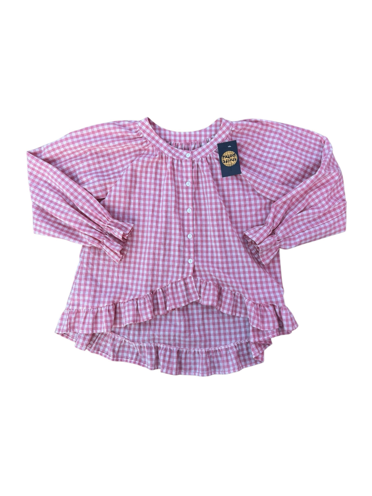 pink white ruffle trim cutie gingham button up, s