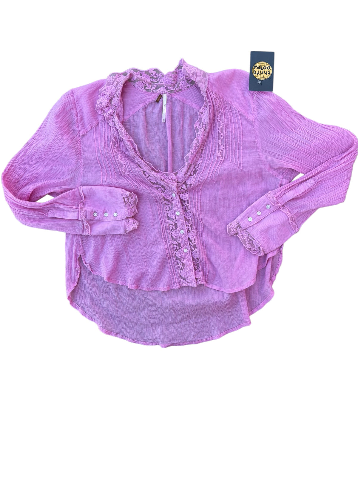 pink free people sheer eyelet trim button up, xs