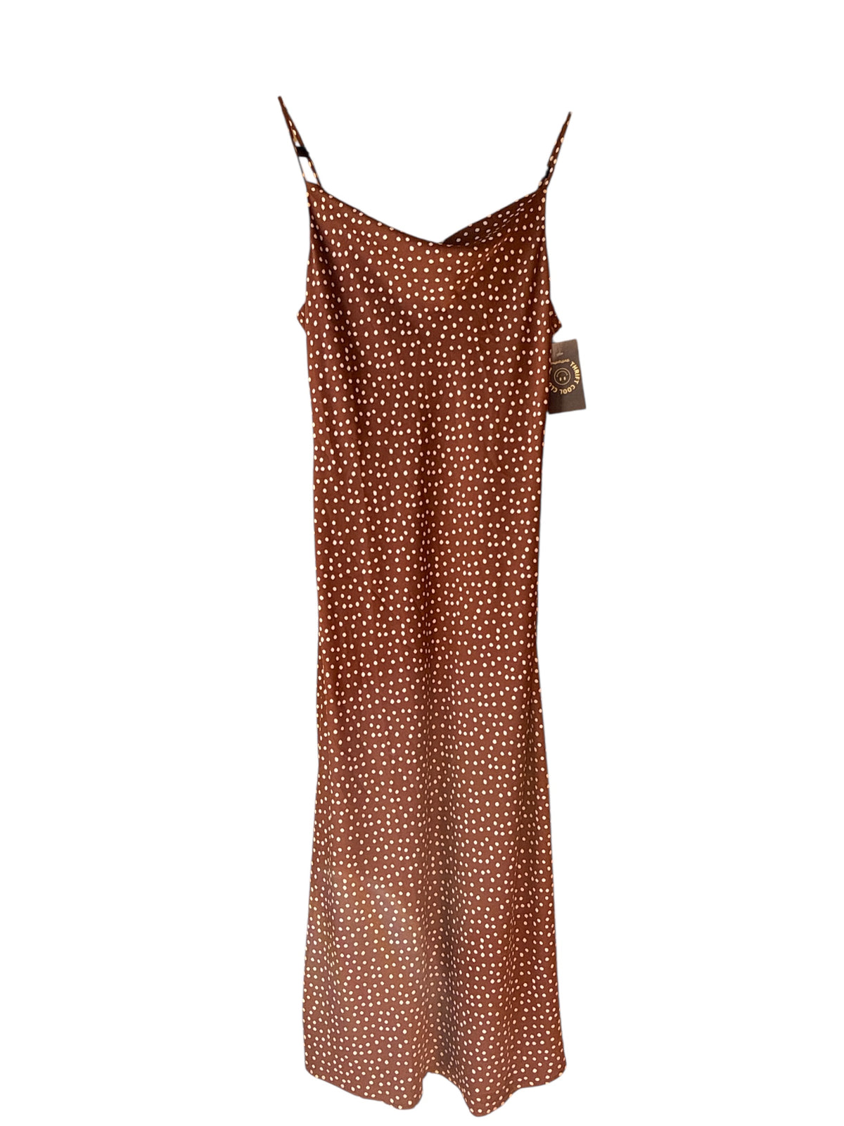 brown white silky polka dot tank midi dress, m