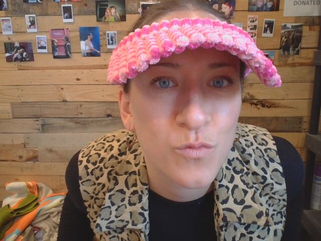 pink red fuzzy checker visor
