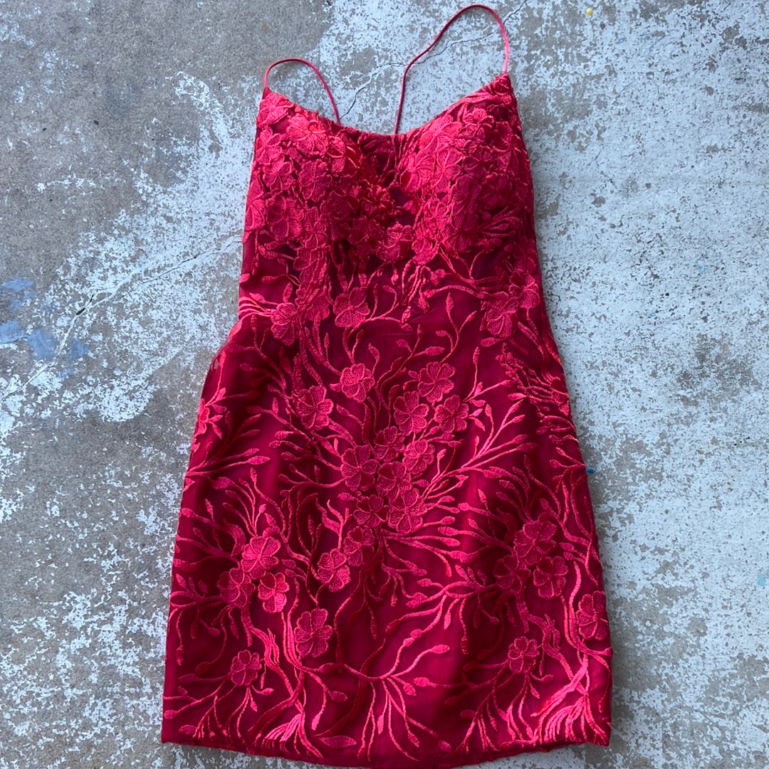 red zapaka floral open back lace up dress, 12