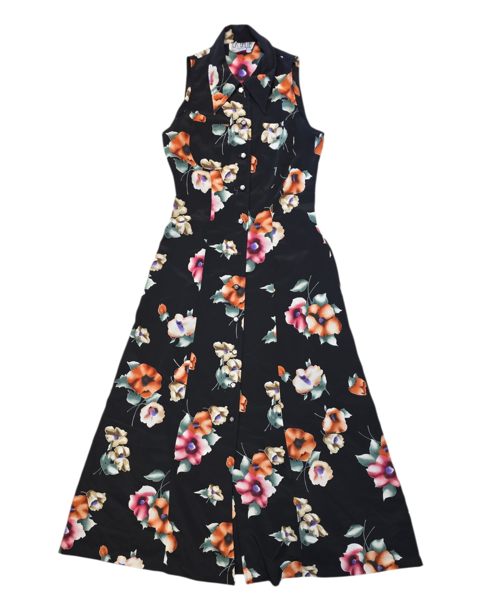 black green pink orange la belle collard cut off floral vtg maxi dress, s/m