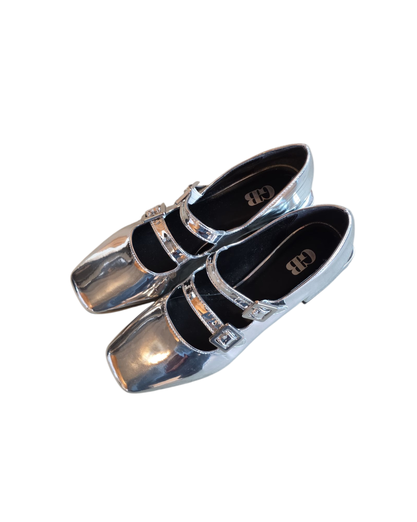 silver gb shiny double strap heels, 8.5