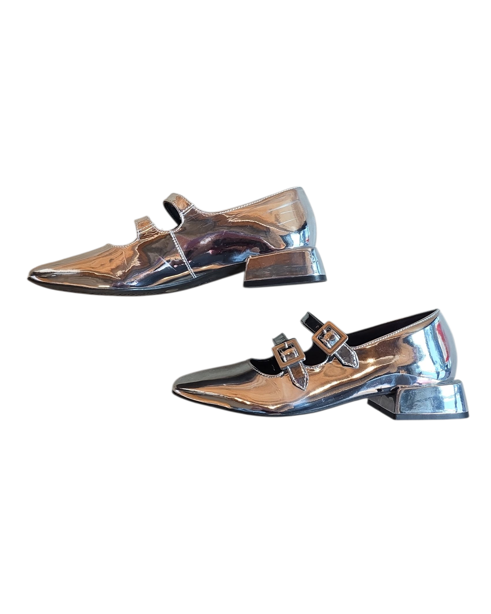 silver gb shiny double strap heels, 8.5