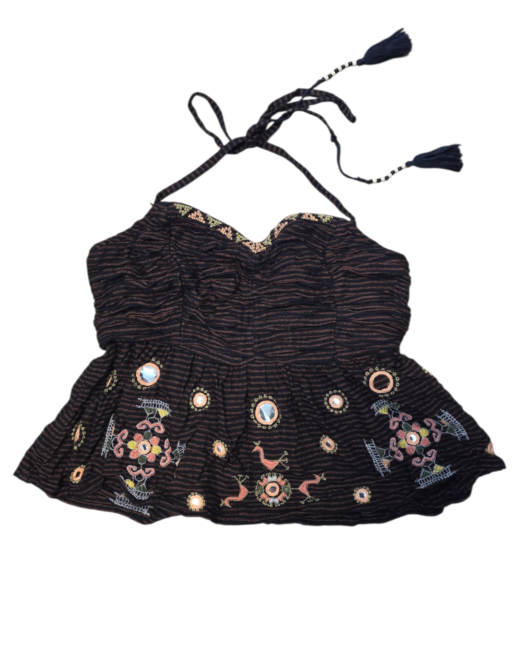 navy blue brown pink green free people striped embroidered halter crop top, s