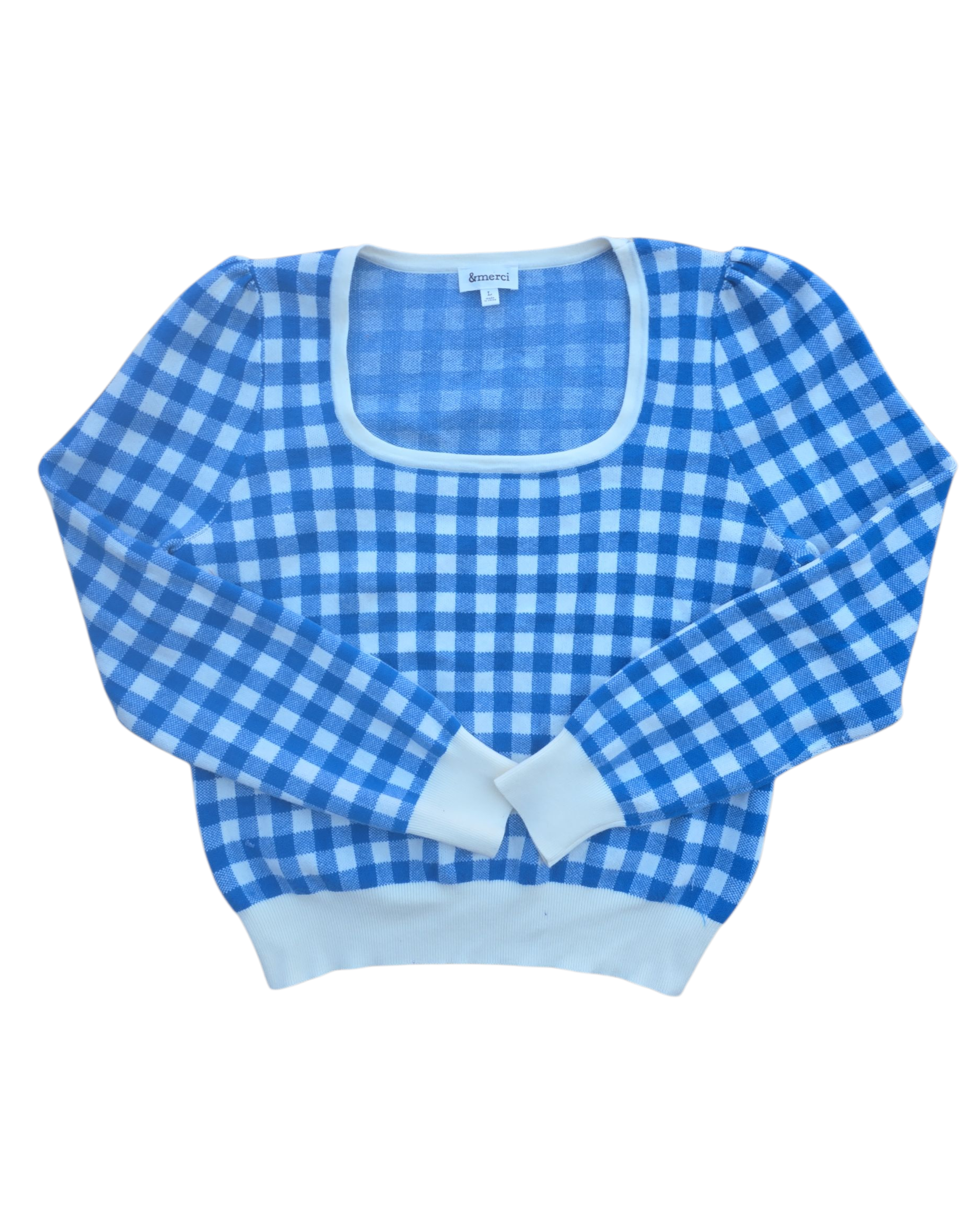 blue white &merci scoop neck gingham knit top, L