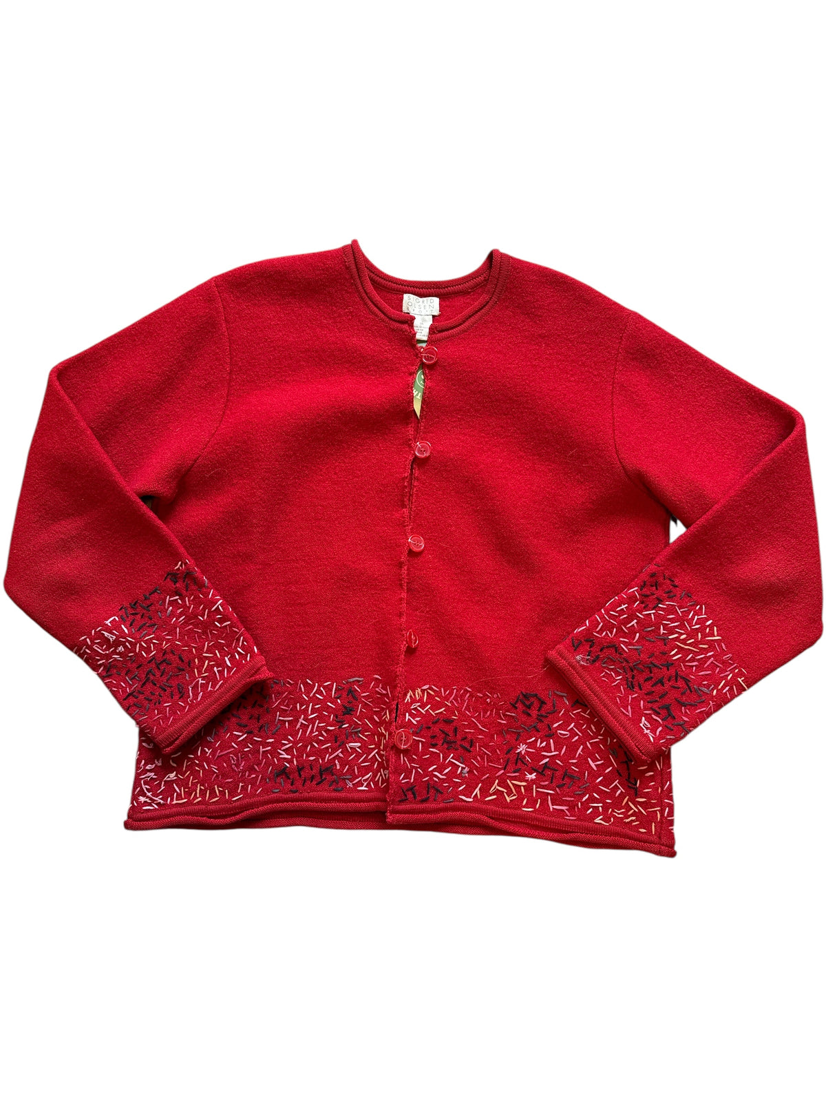 red sigrid olsen wool cardigan w embroider details, m