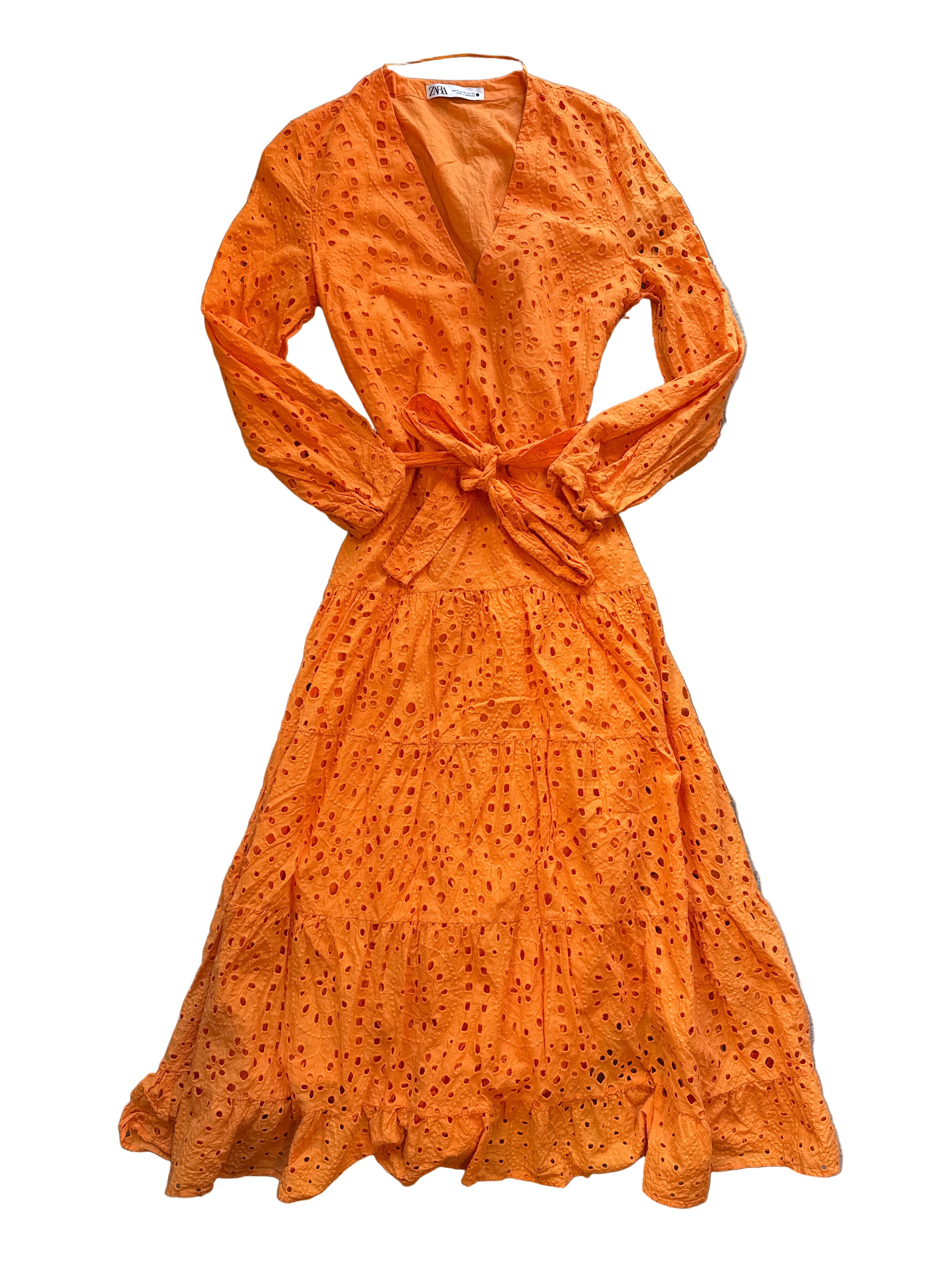 orange zara eyelet dress w belt, m