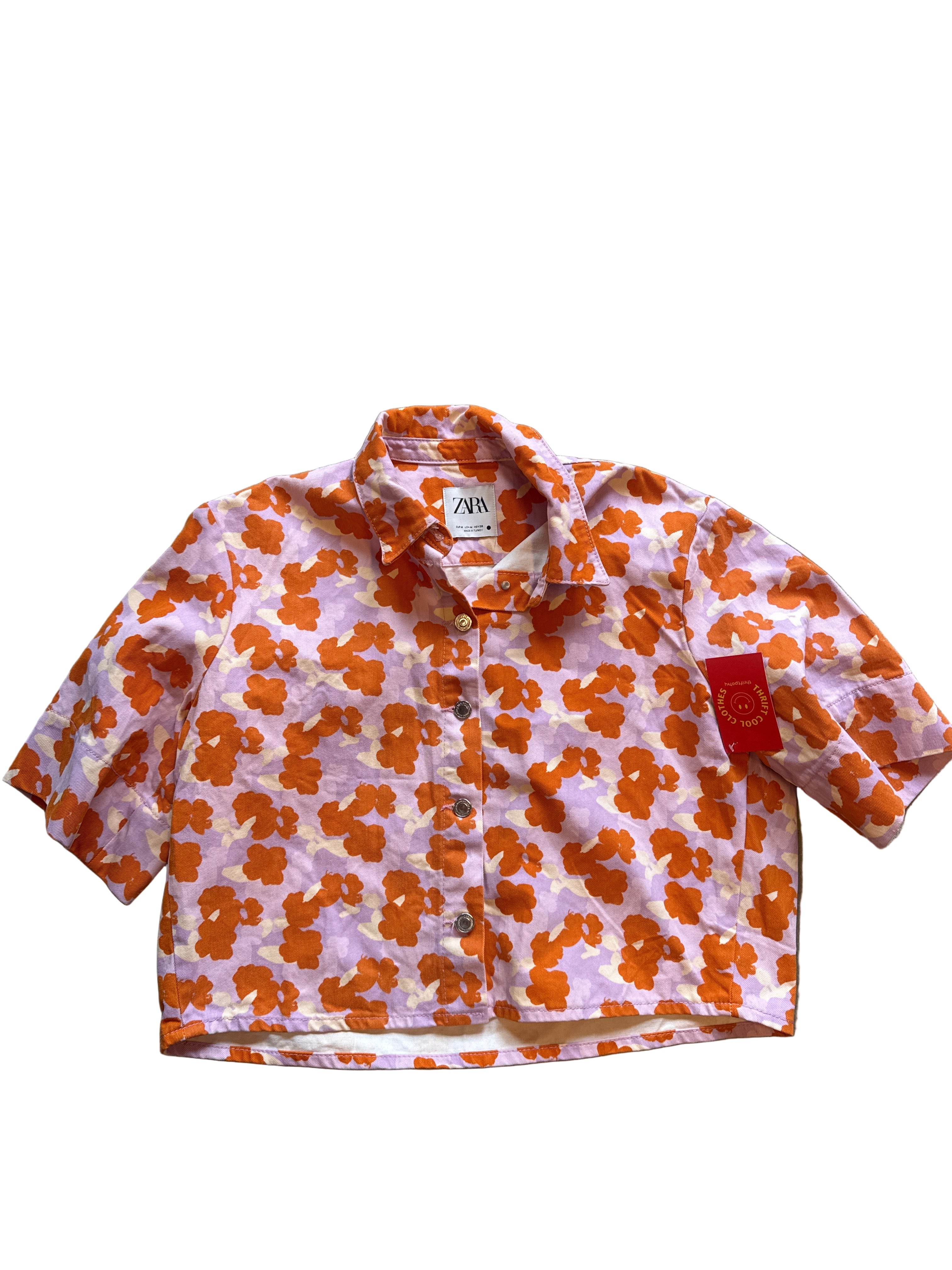 orange purple zara denim ss floral top, m