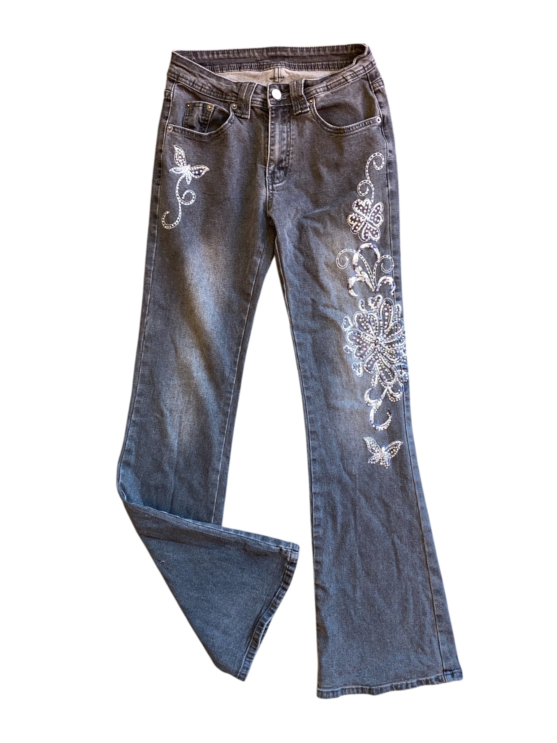 Gray Romwe Rhinestone butterfly flower flare jean, xs