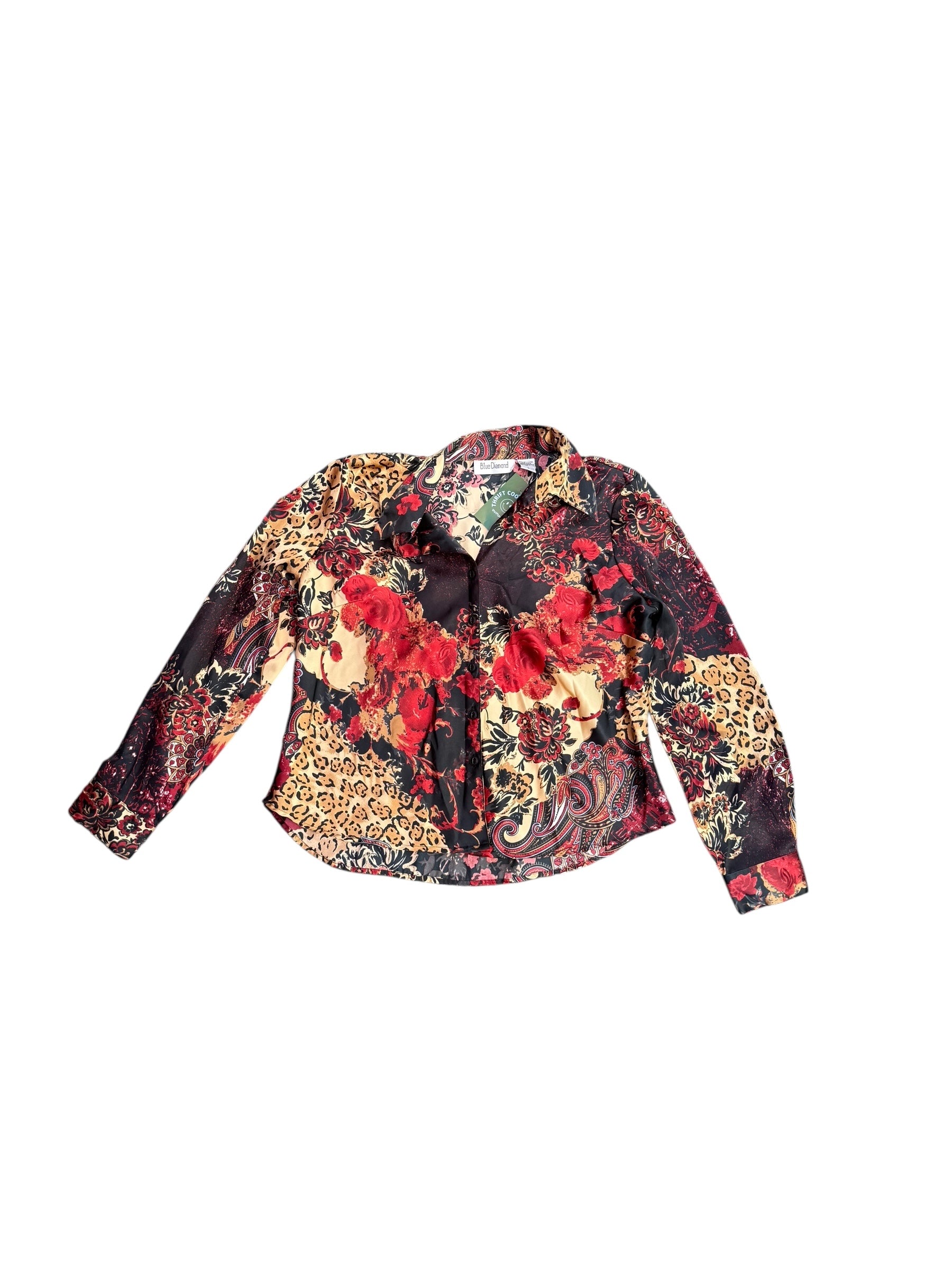 red black brown blue diamond silky patterned top, L