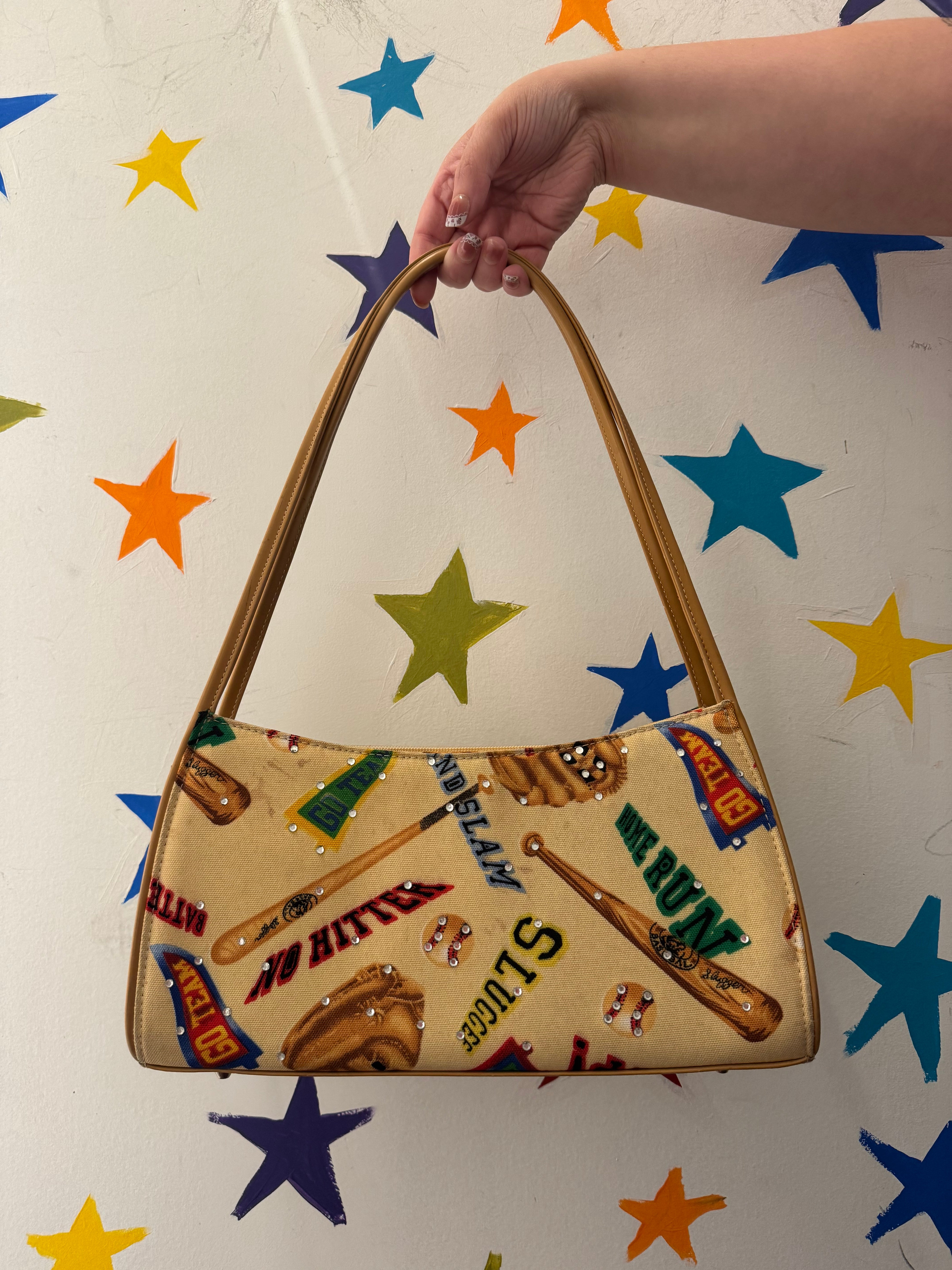 cream tan  baseball graphic purse