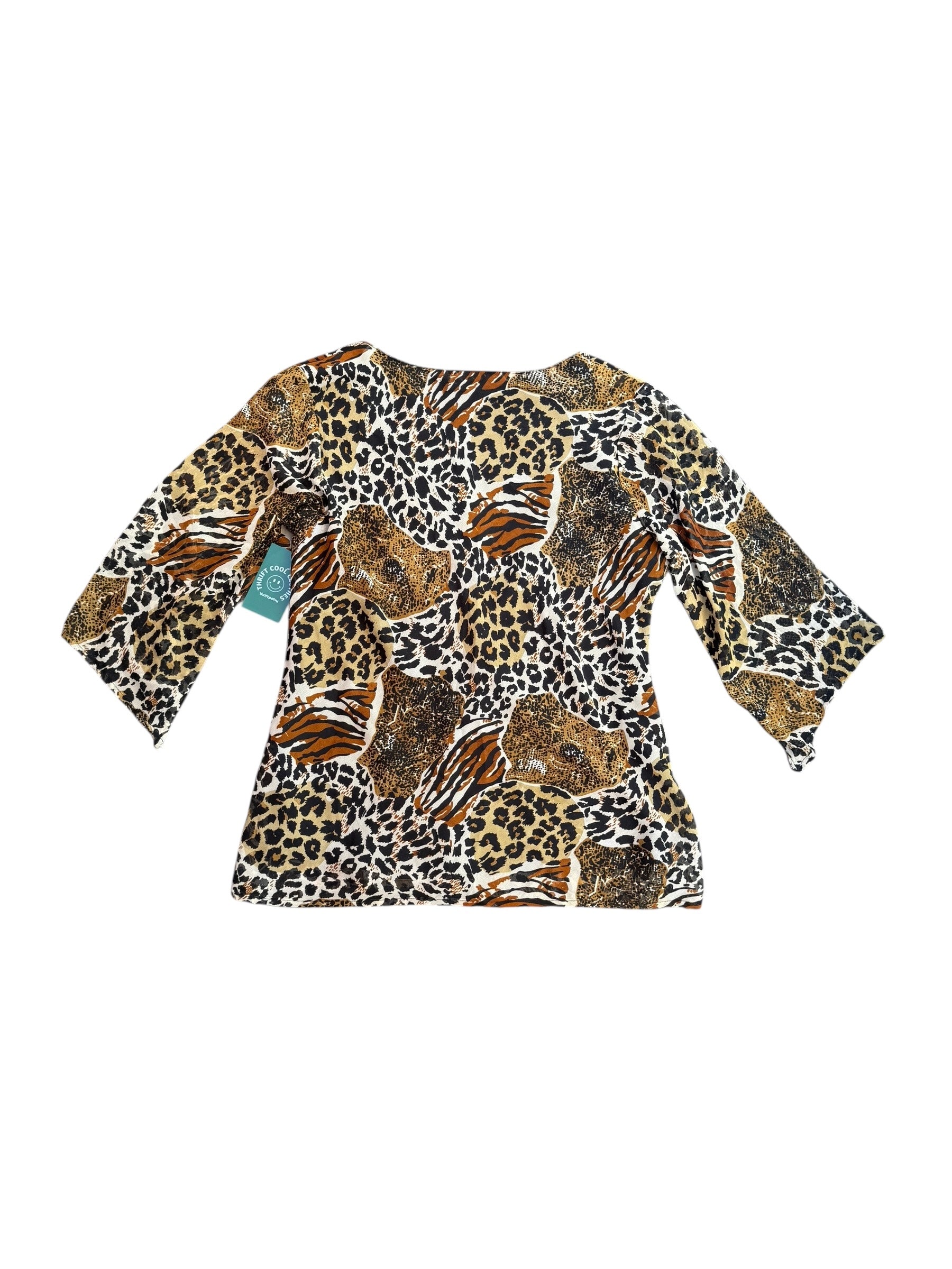 Tan beige black  Leopard zebra quarter bellsleeve top, L