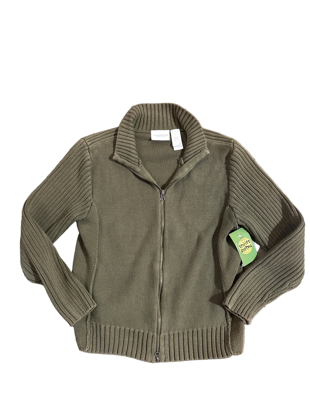 green liz claiborne zip up sweater, L