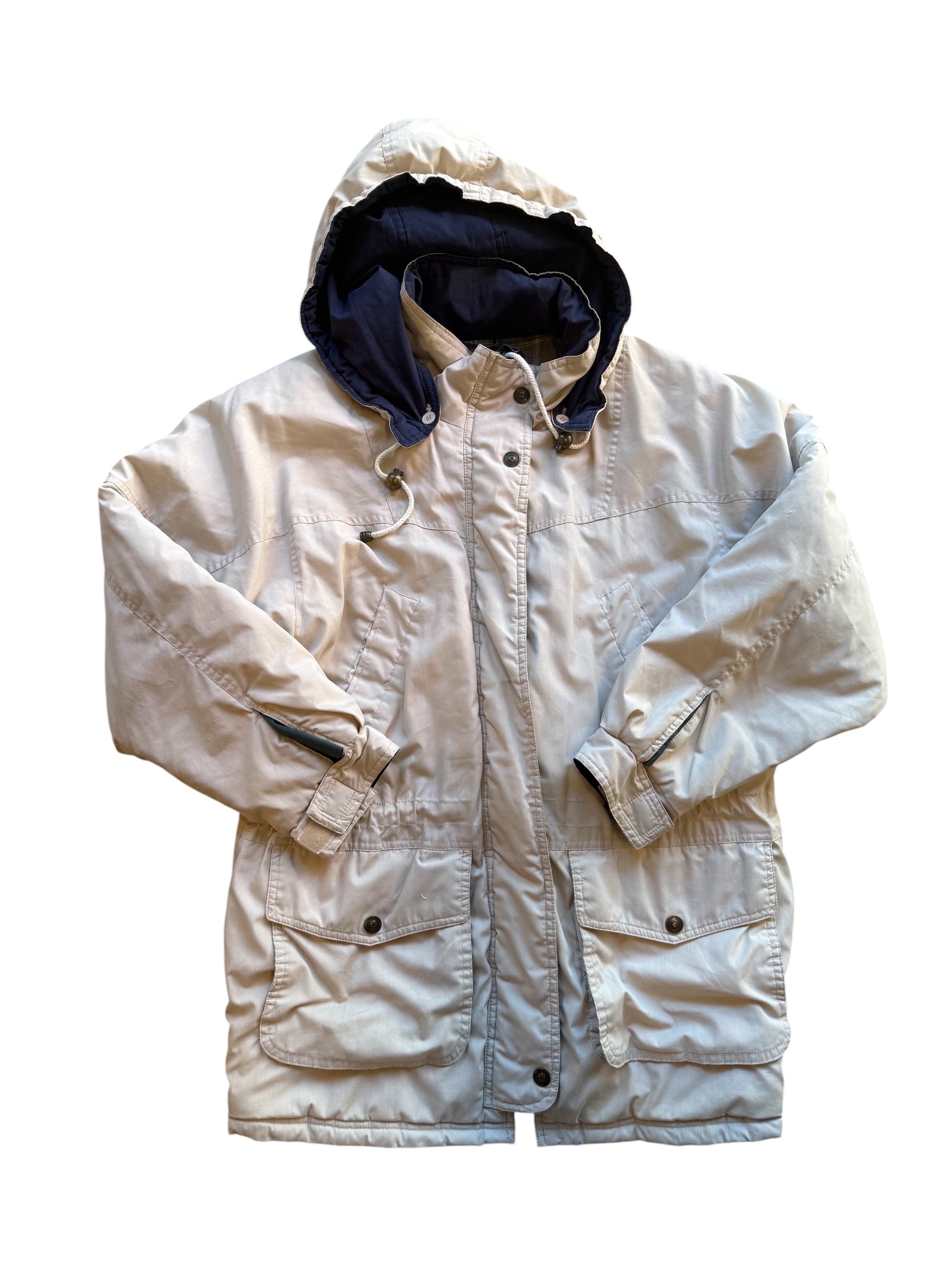 tan navy green basic editions vtg hooded layered coat, L