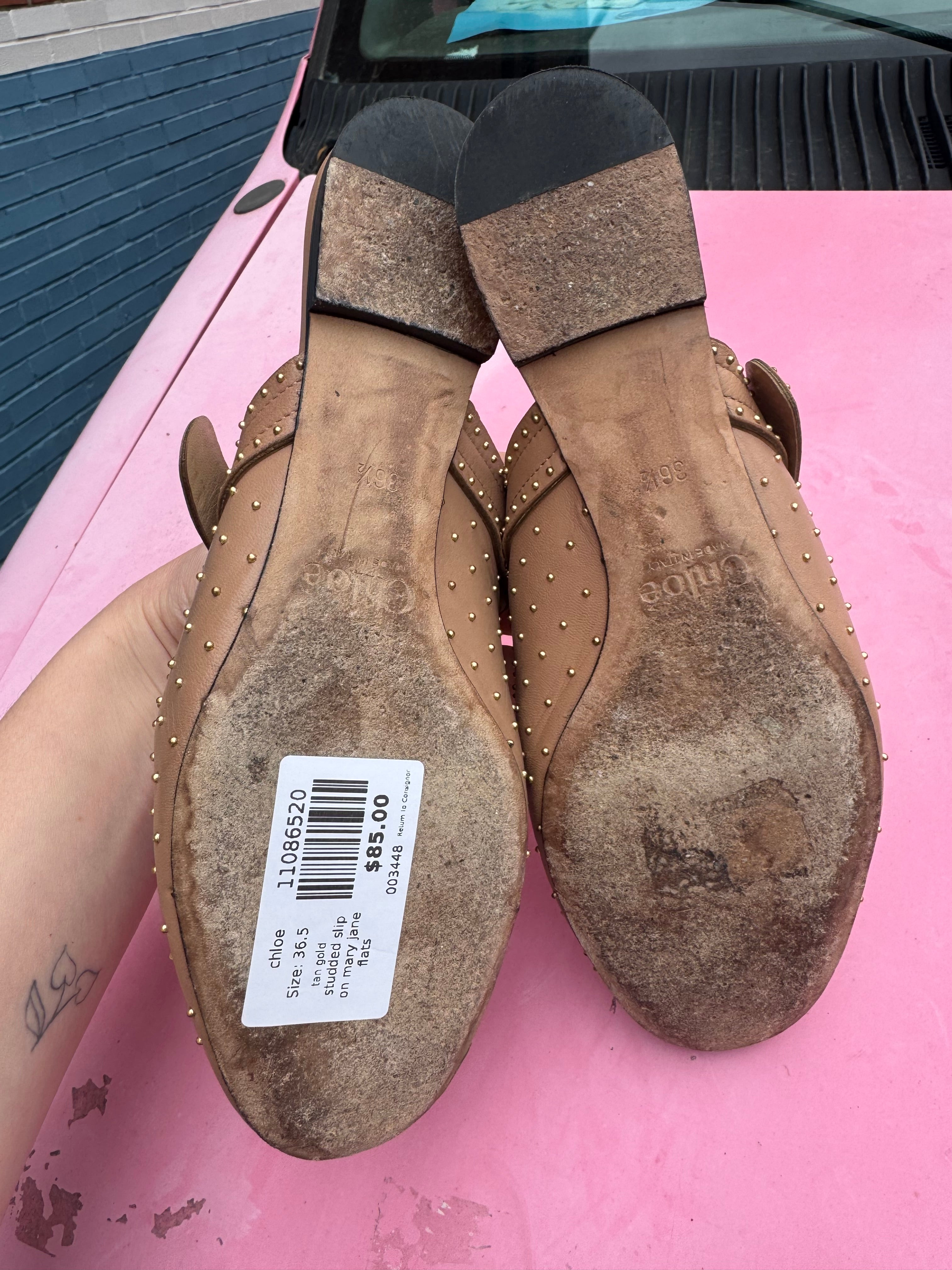 tan gold chloe studded slip on mary jane flats, 36.5