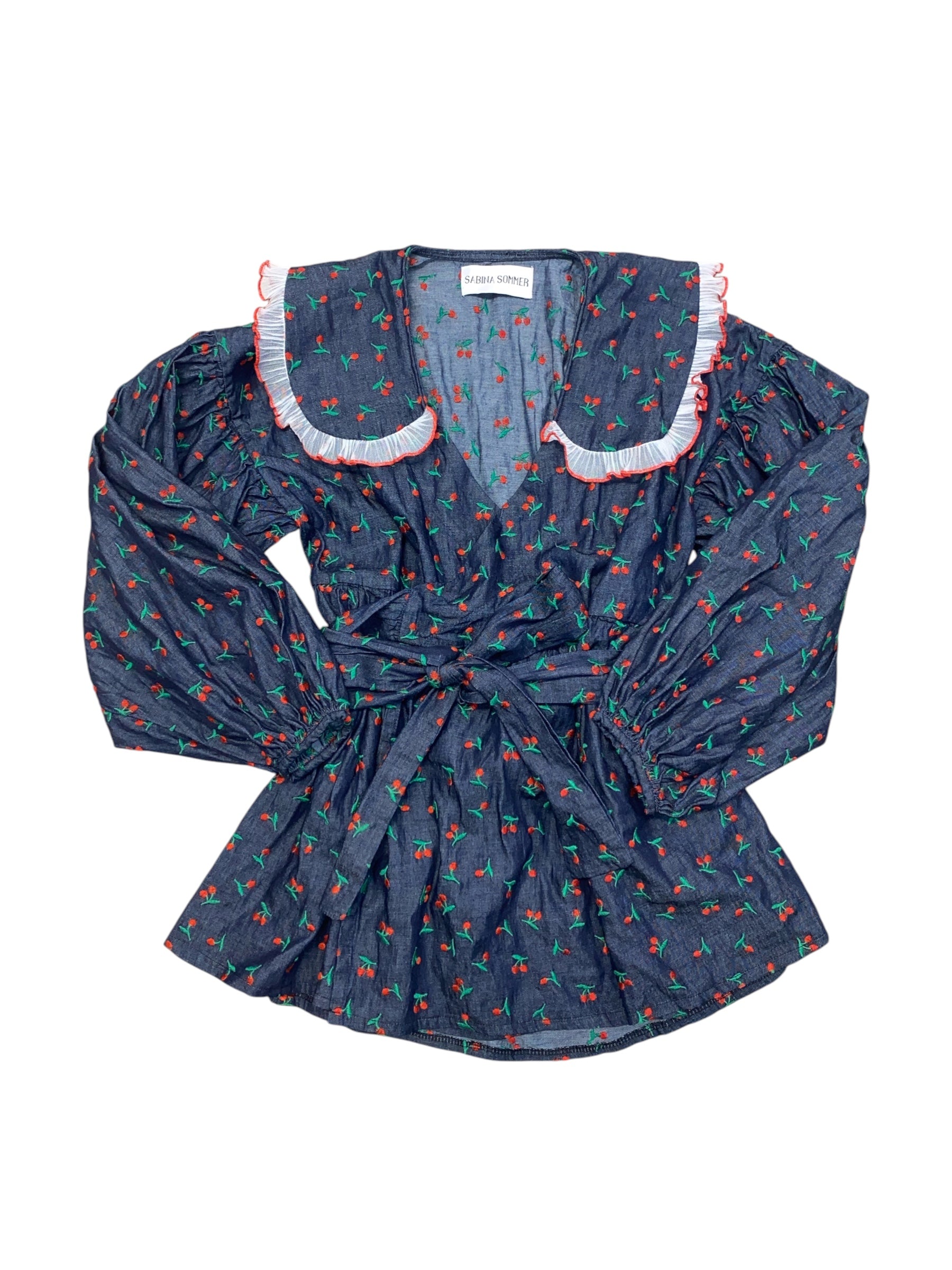 blue red sabina sommer cherry wrap tie ls collared top, s