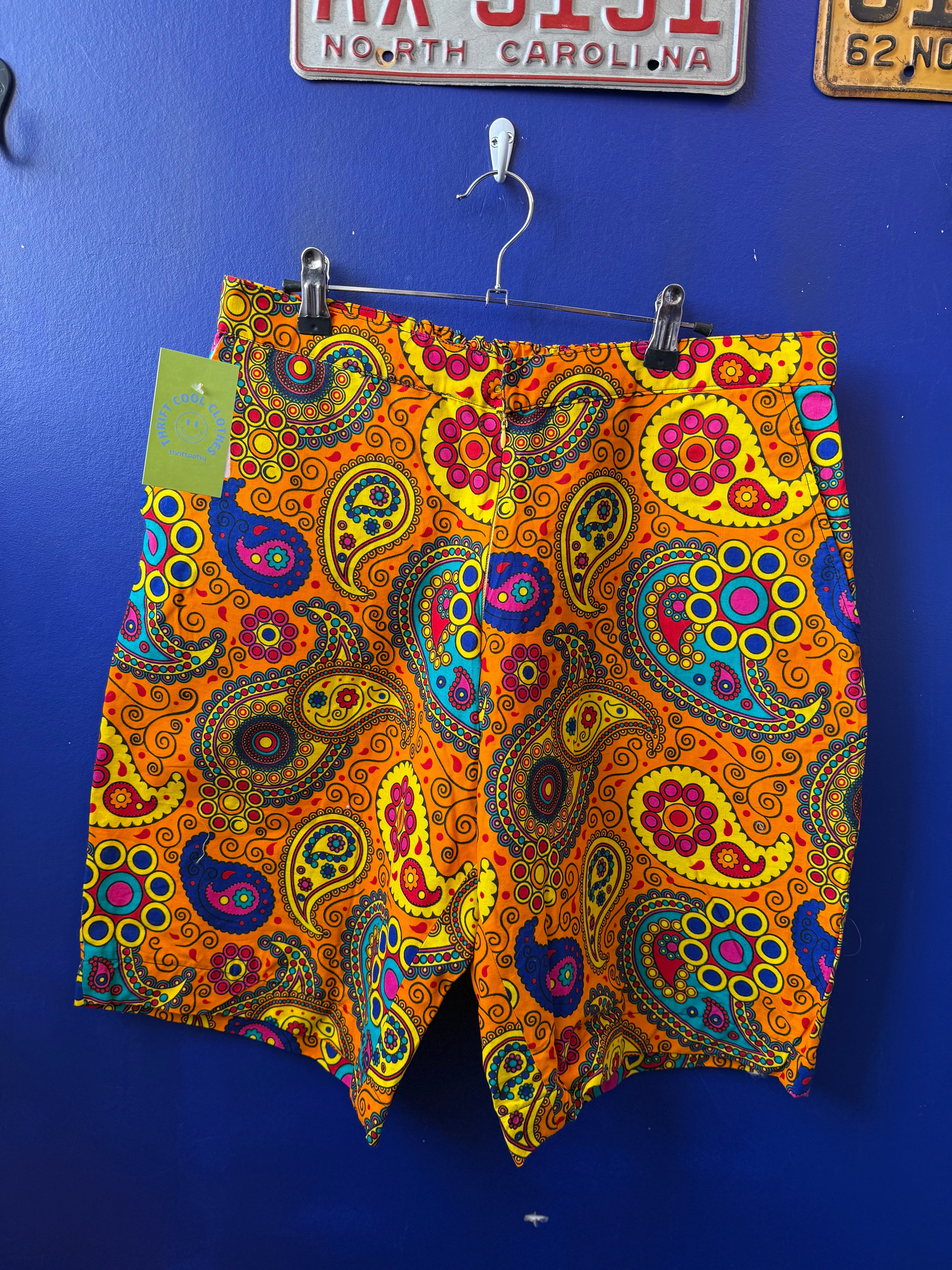 Orange yellow teal pink  Paisley print shorts, 30