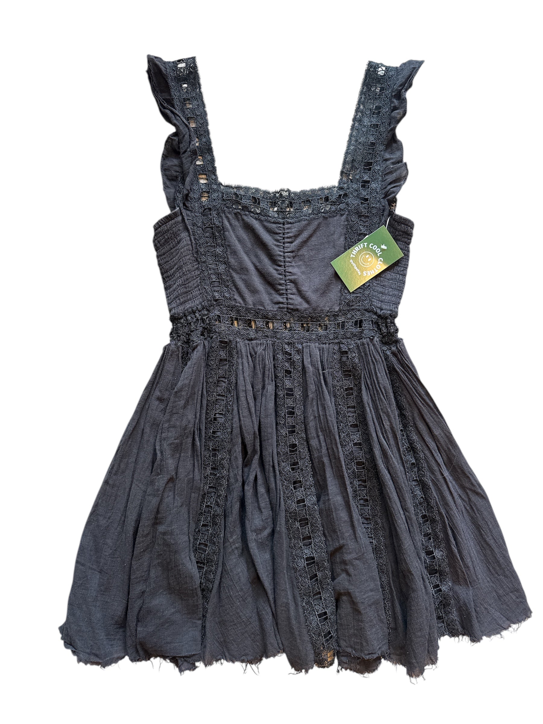 black free people linen crochet ruffle sleeve dress, s
